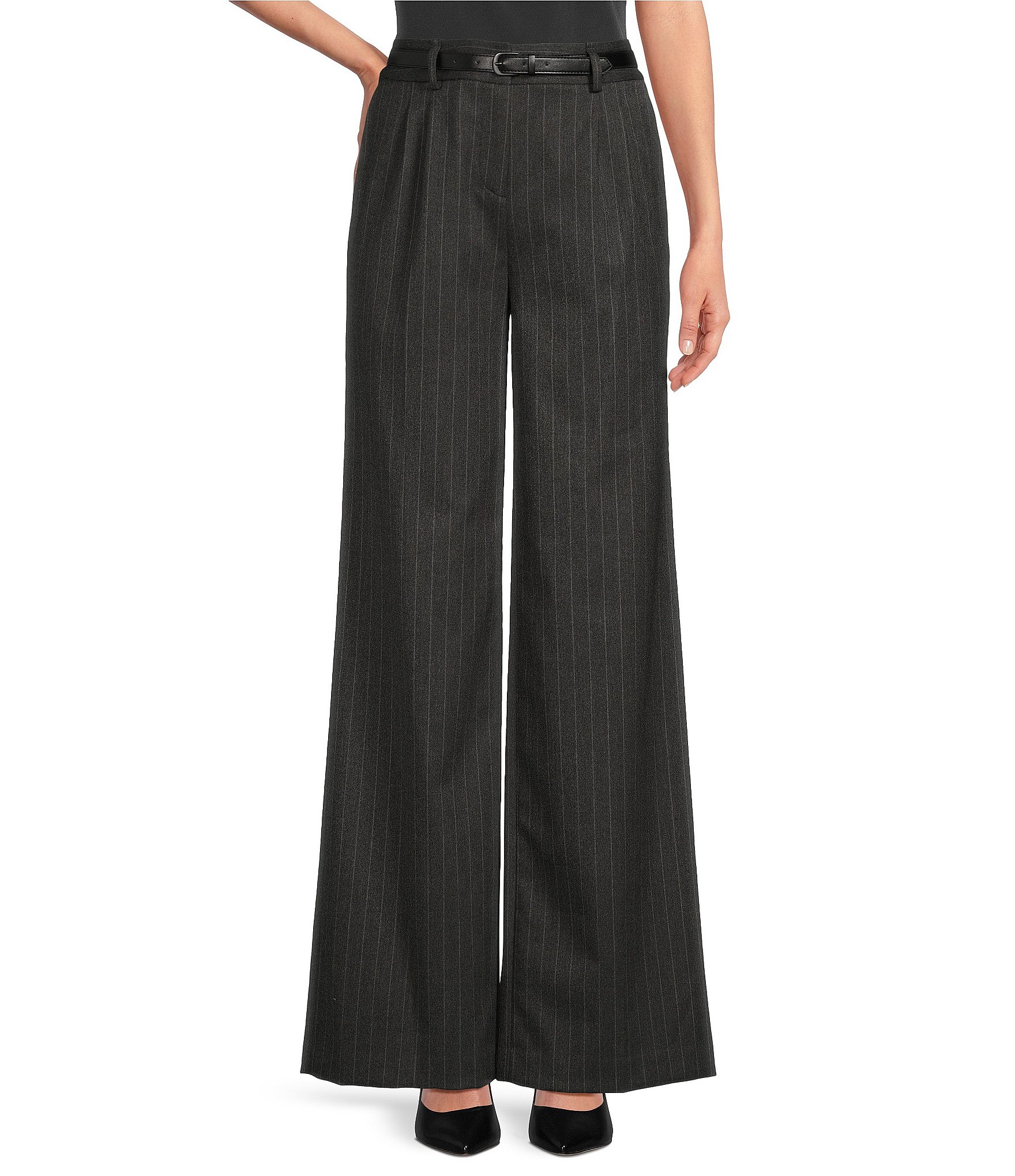 Calvin Klein Pinstripe Belted Pleated Front Coordinating Wide Leg Pants ...