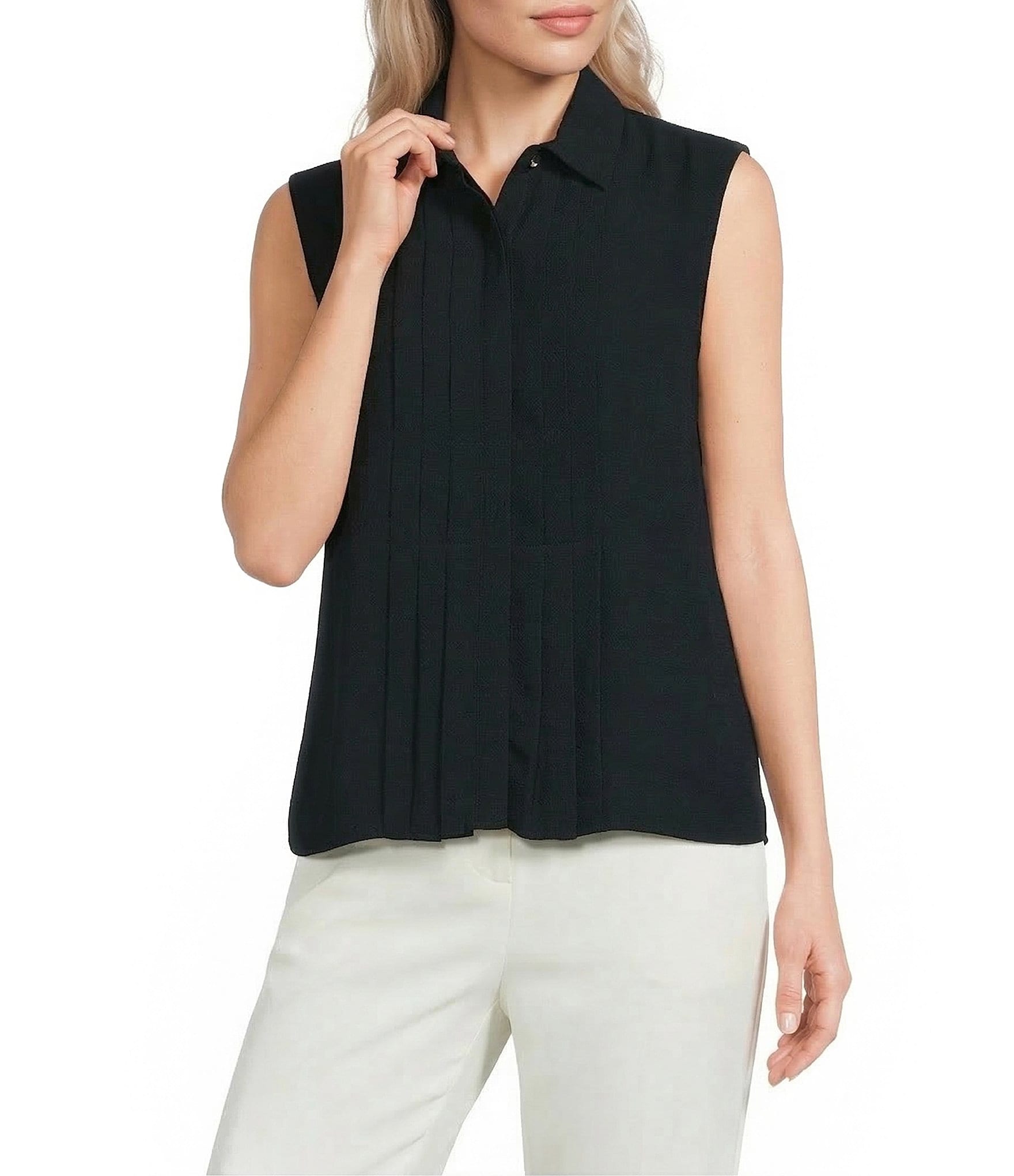 Calvin Klein Pleated Chiffon Point Collar Sleeveless Button Front Shirt