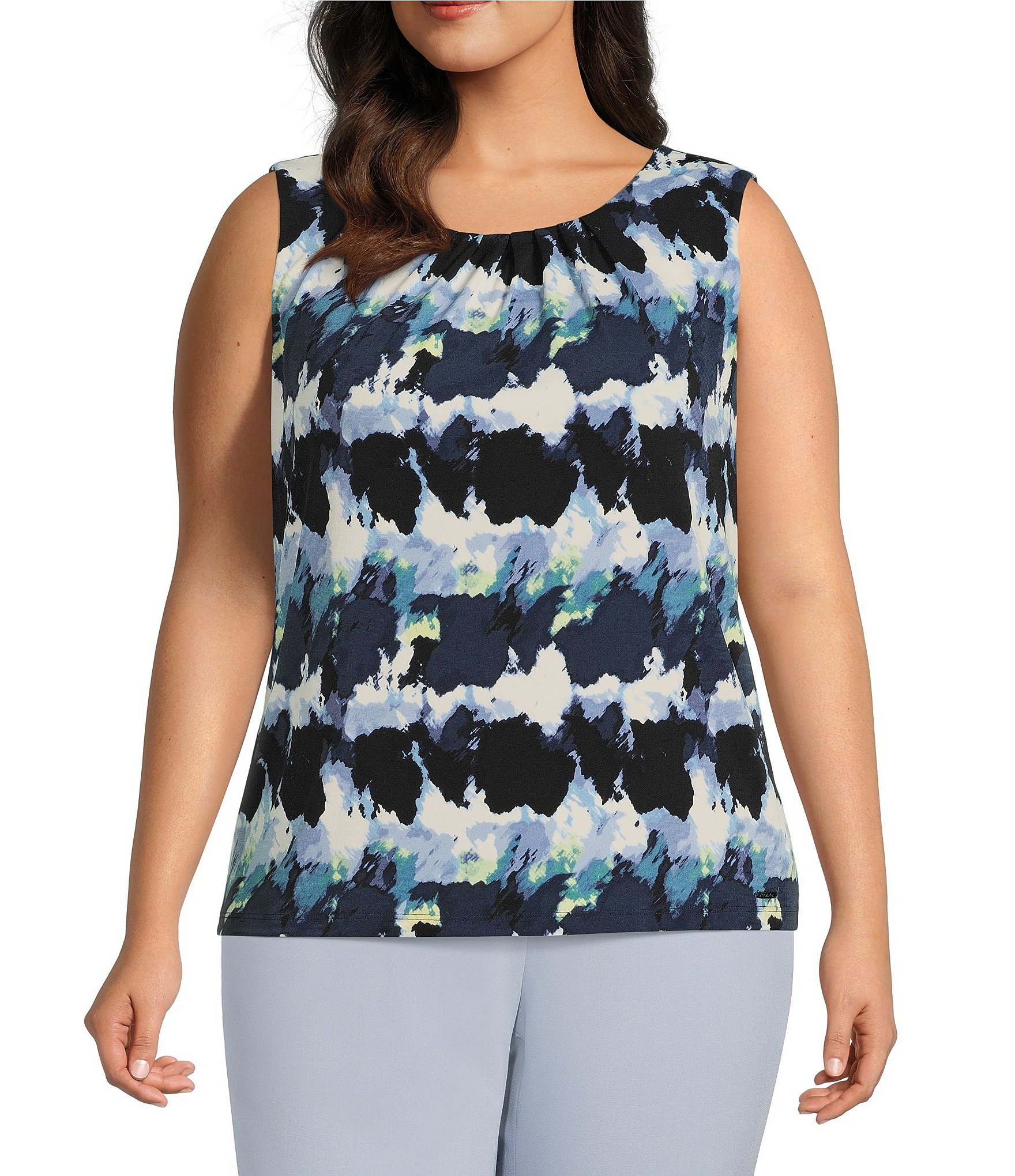 Calvin Klein Plus Size Abstract Print Matte Jersey Pleated Sleeveless Top |  Dillard's
