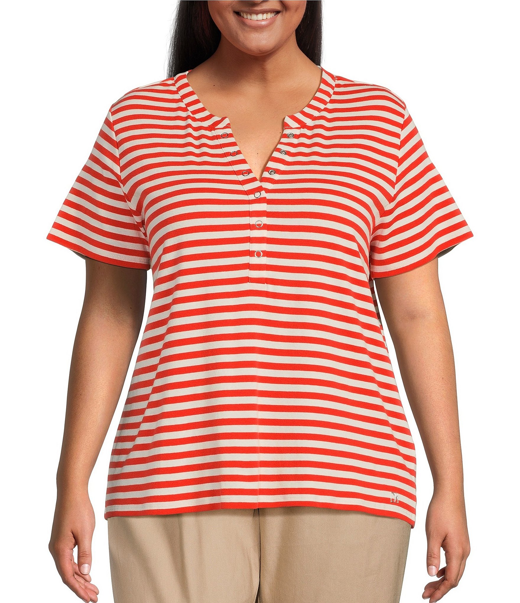 aktivt fax nyheder Calvin Klein Plus Size Band Neckline Short Sleeve Partial Snap Front Top |  Dillard's