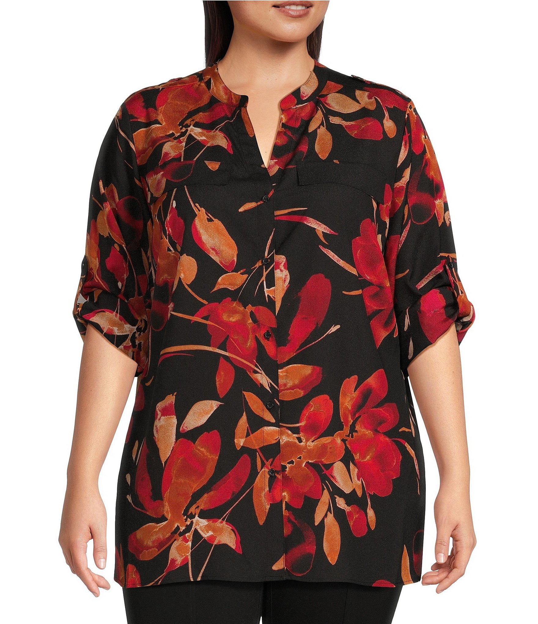 Calvin Klein Plus Size Floral Print Crepe de Chine Y-Neck Long Roll-Tab Sleeve Button Front Top