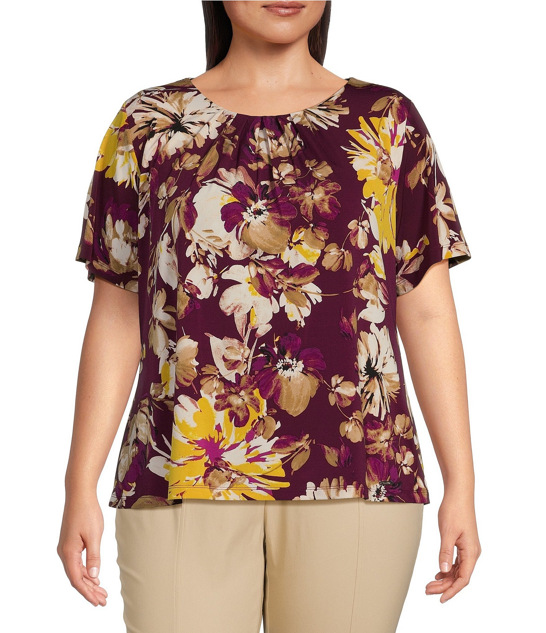 Calvin Klein Plus Size Floral Print Short Sleeve Pleat Neck Cami Top ...