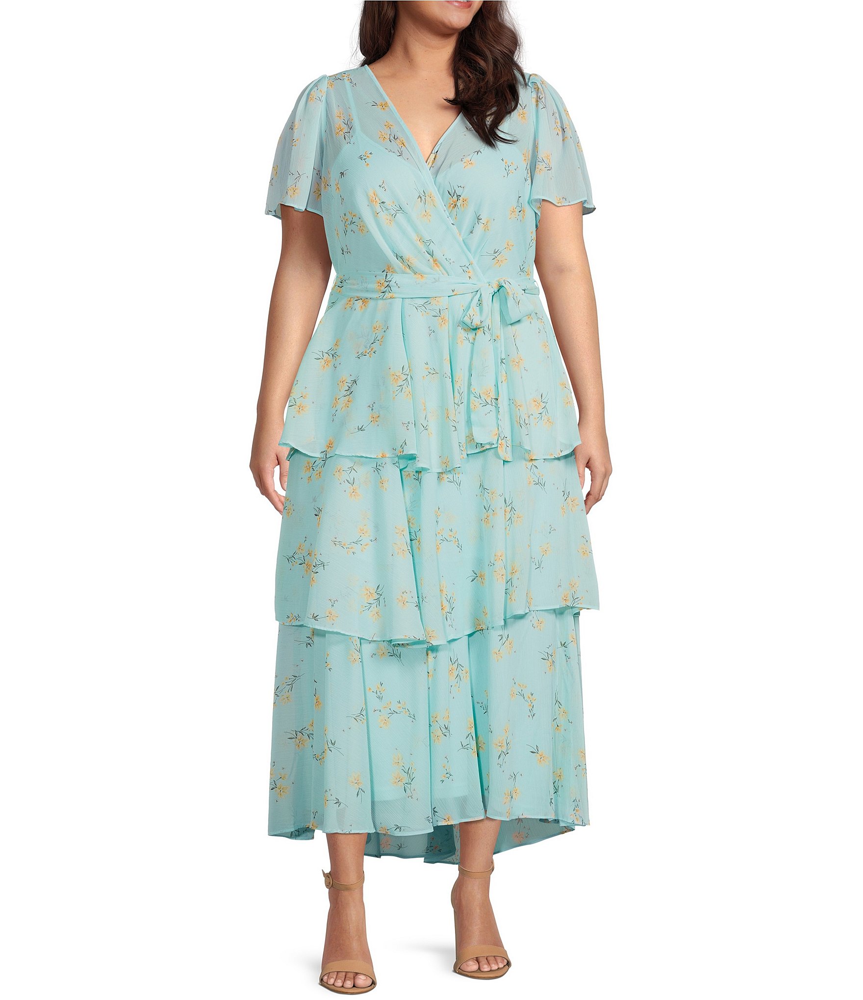 Calvin Klein Plus Size Floral Print Short Sleeve Surplice V-Neck Tiered  Chiffon Midi Dress | Dillard's