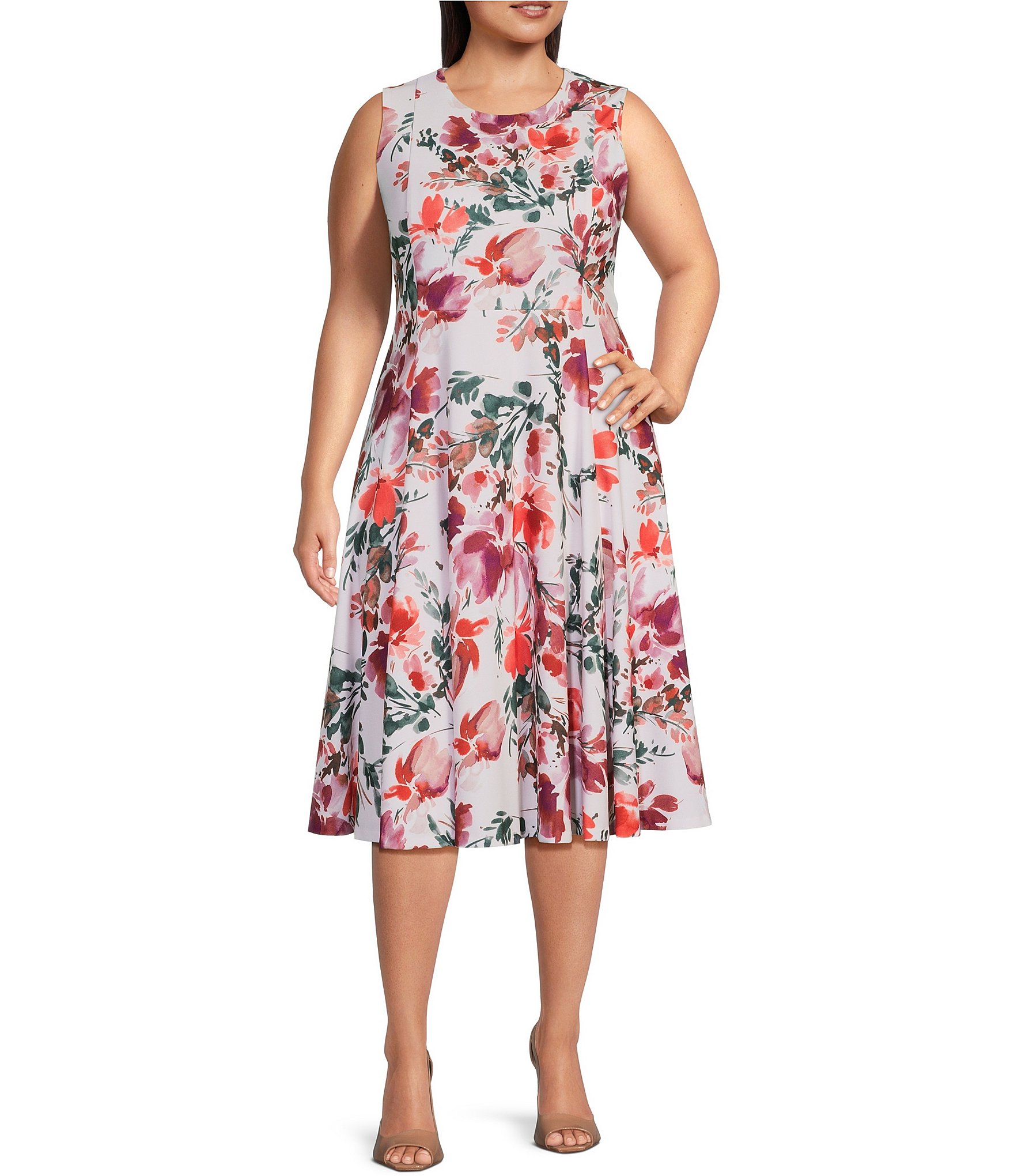 Calvin Klein Plus Size Floral Scuba Crepe Sleeveless Crew Neck Fit And  Flare Dress | Dillard\'s