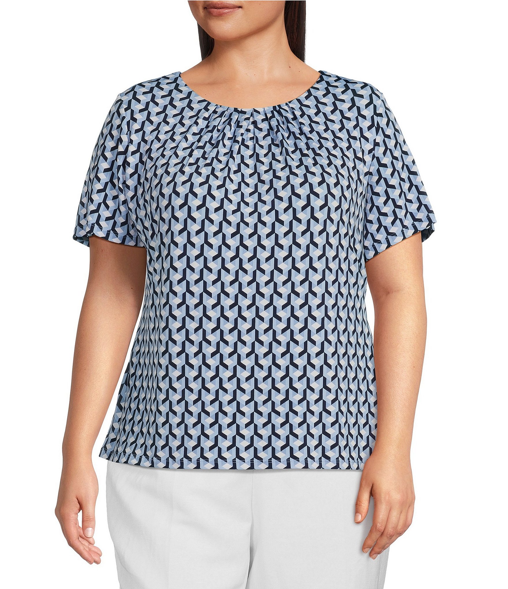 Calvin Klein Plus Size Geo Print Pleated Crew Neck Short Sleeve