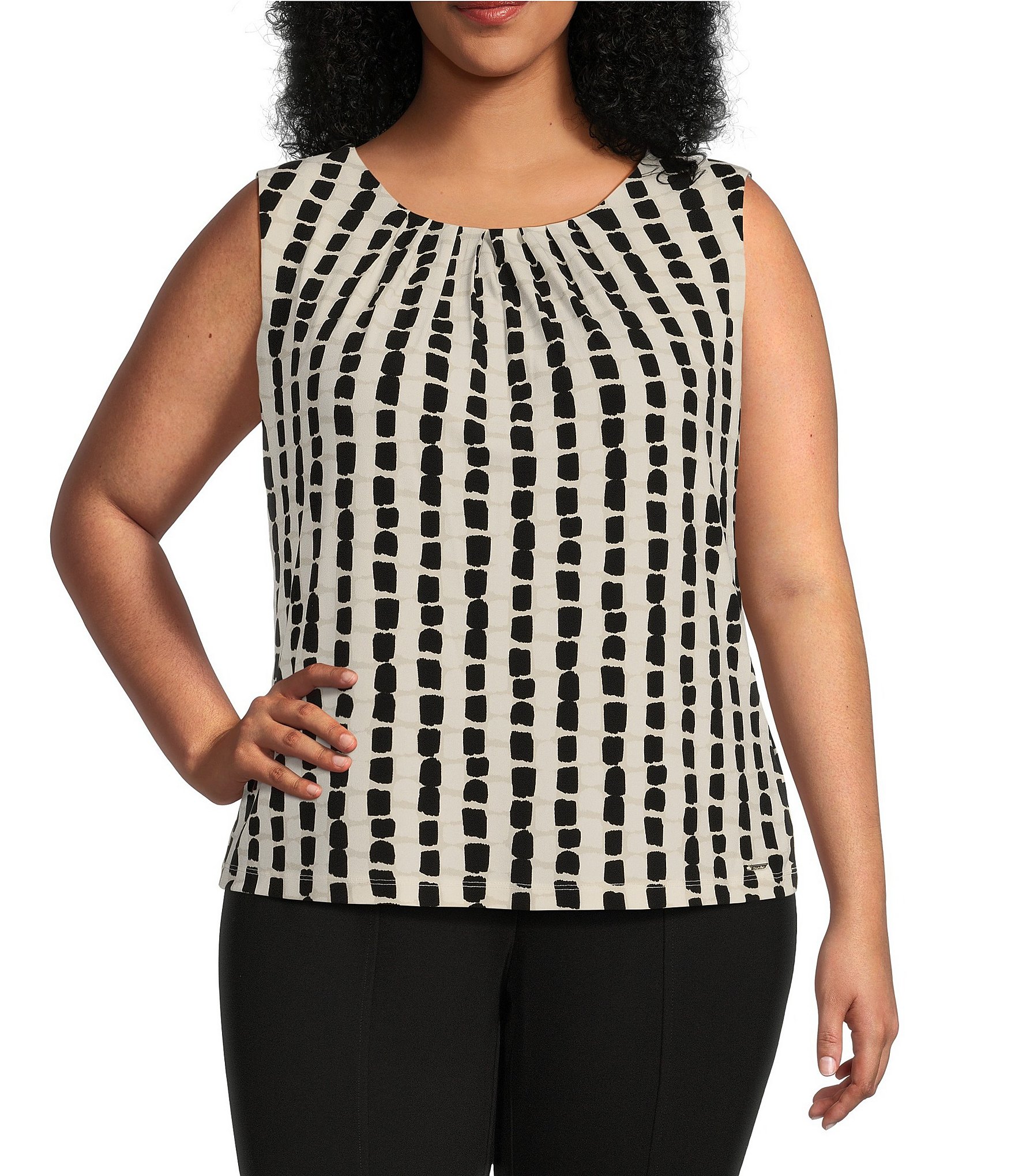 Calvin Klein Plus Size Knit Geometric Print Pleated Crew Neck ...