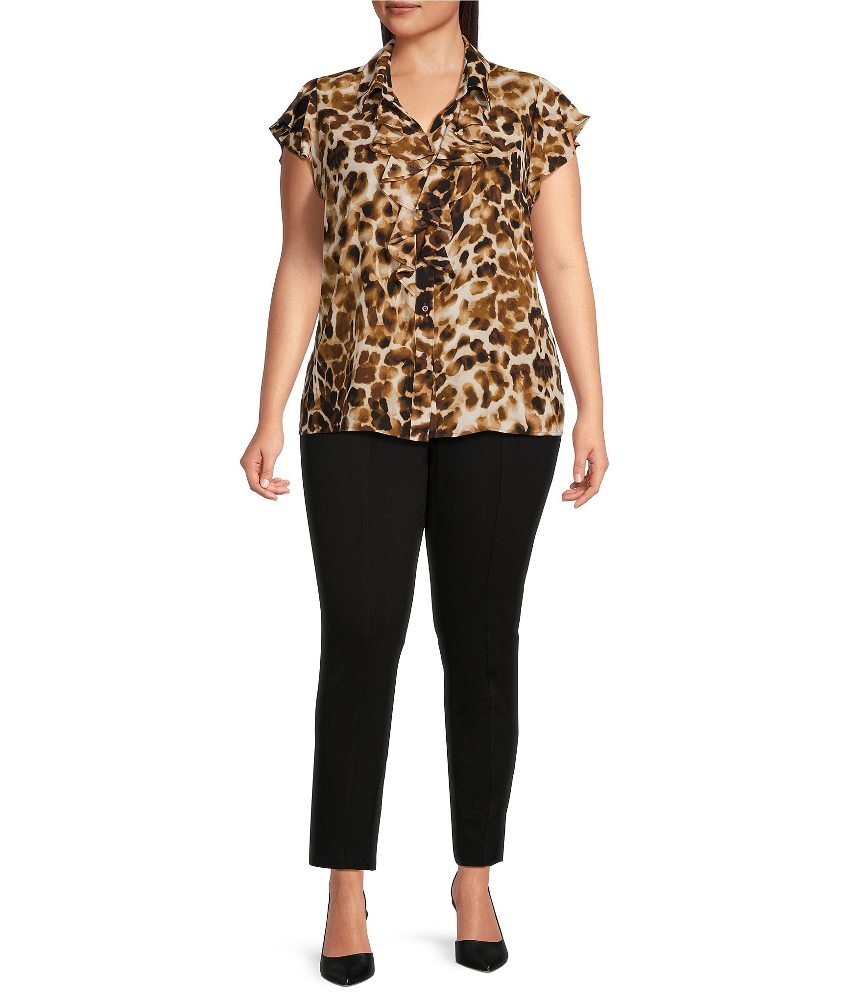 Calvin Klein Plus Size Leopard Print Collared Ruffle Front Cap Sleeve Woven Top