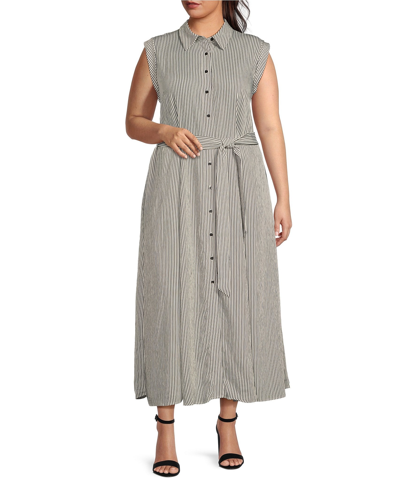 Calvin Klein Plus Size Striped Print Point Collar Button Front Self-Tie Belted Dress | Dillard's