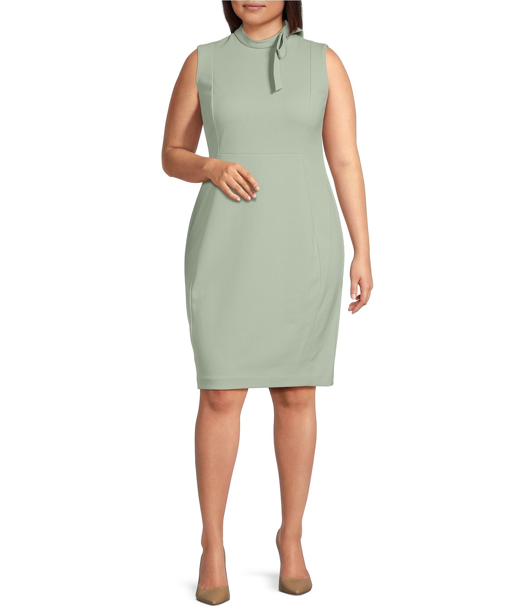 Calvin Klein Plus Size Scuba Crepe Sleeveless Mock Neck Bow Embellished Knee Length Sheath Dress Dillard s