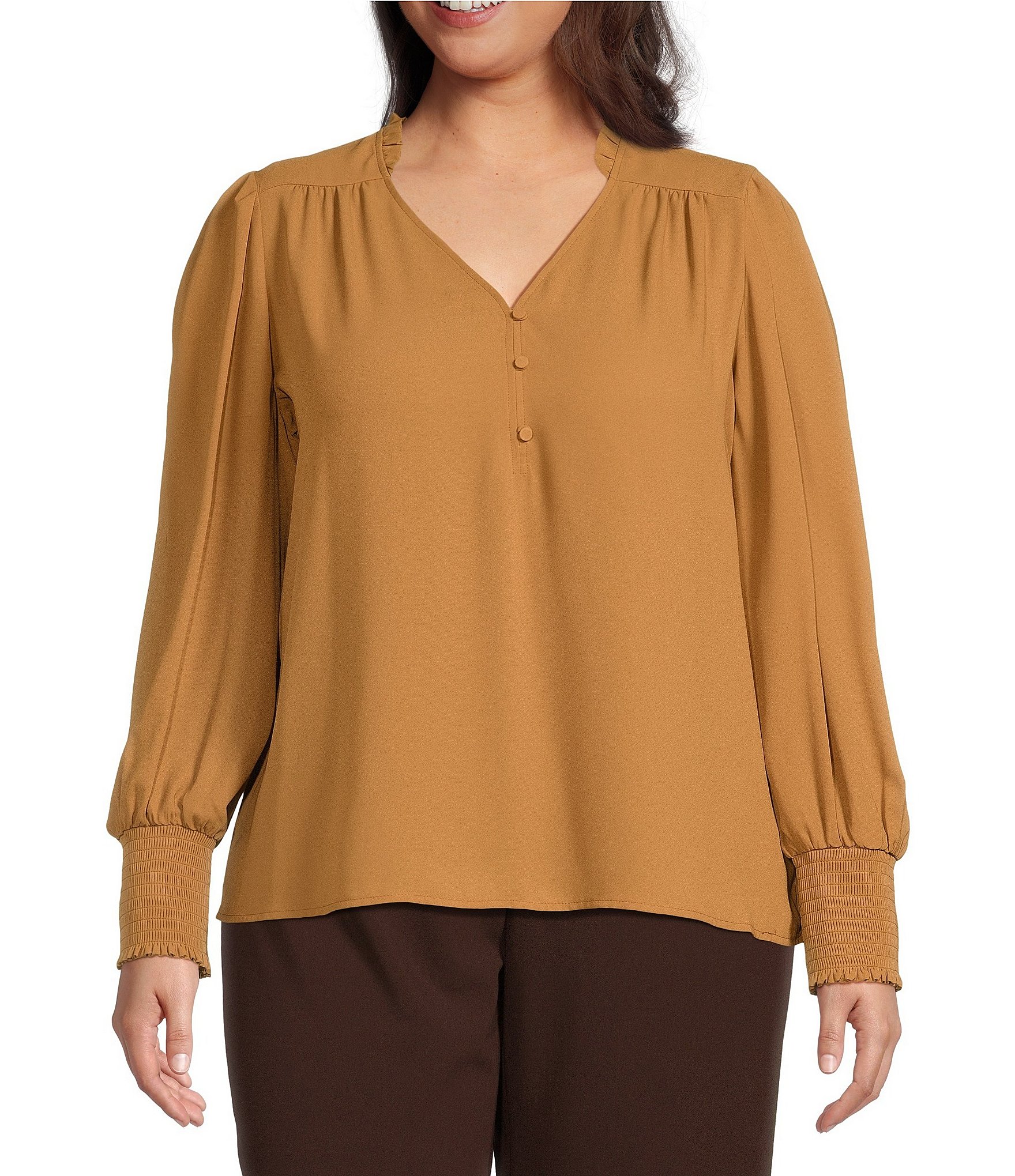 Plus Size Women's Georgette Buttonfront Tie Sleeve Cafe Blouse by