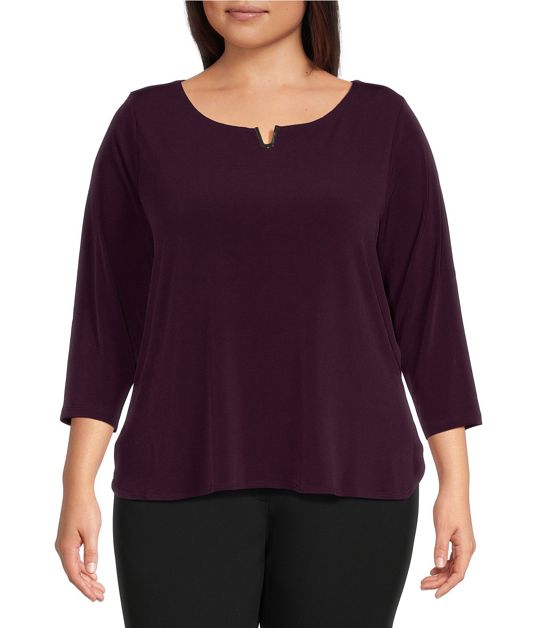 Ck Plus Calvin Klein Plus Size Solid Knit Split Round Neck 3/4 Sleeve Hi-Low ...