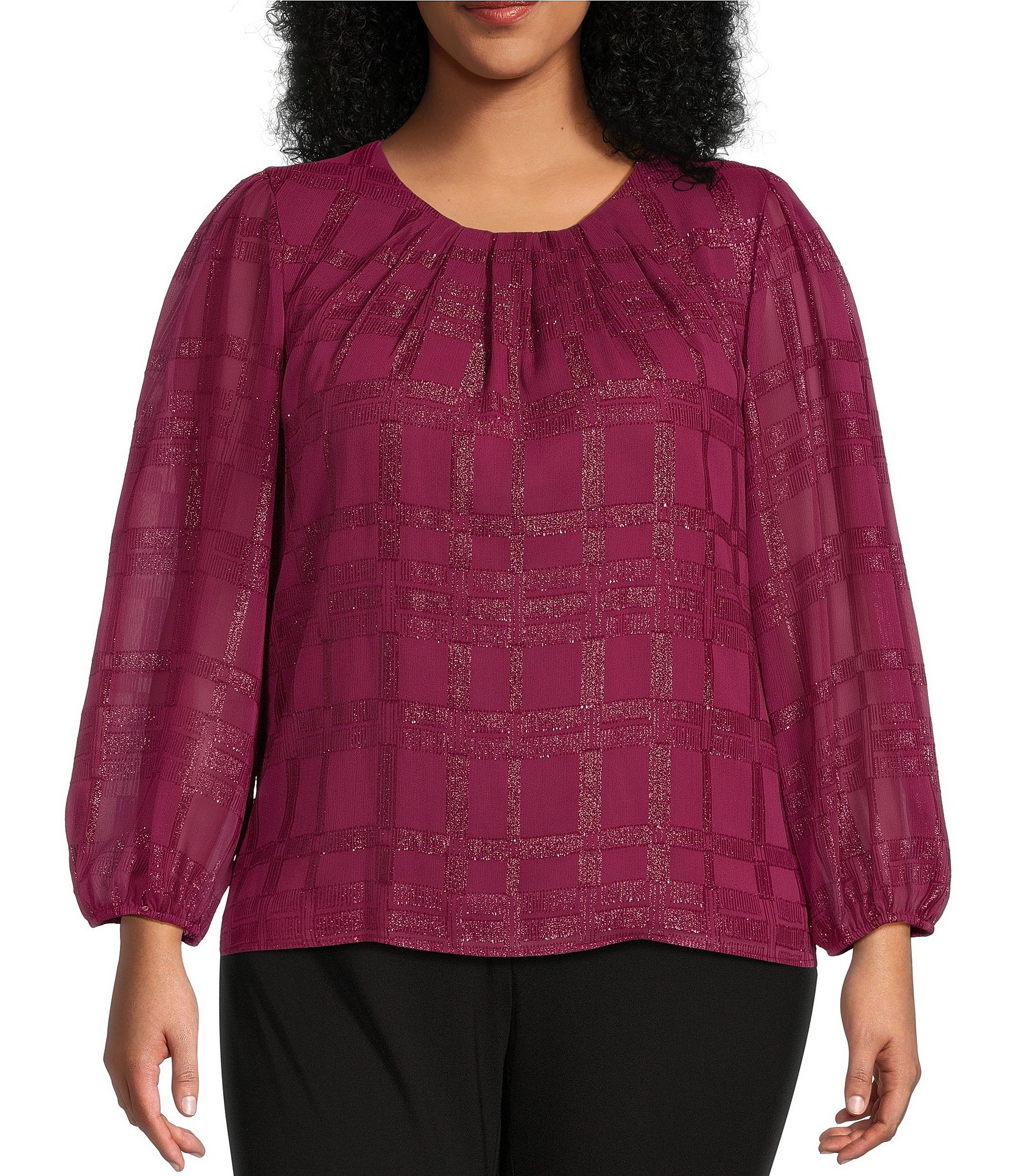 Calvin Klein Plus Size Solid Metallic Knit Crew Neck Long Sleeve Top ...