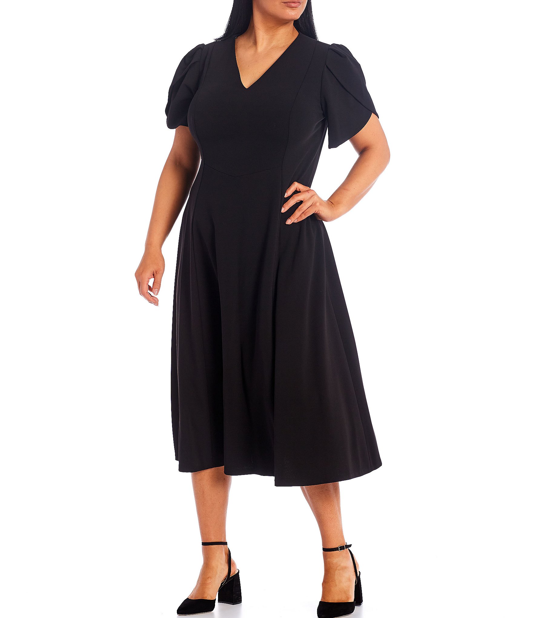 Calvin Klein Plus Size Tulip Short Sleeve V-Neck Midi Dress | Dillard's