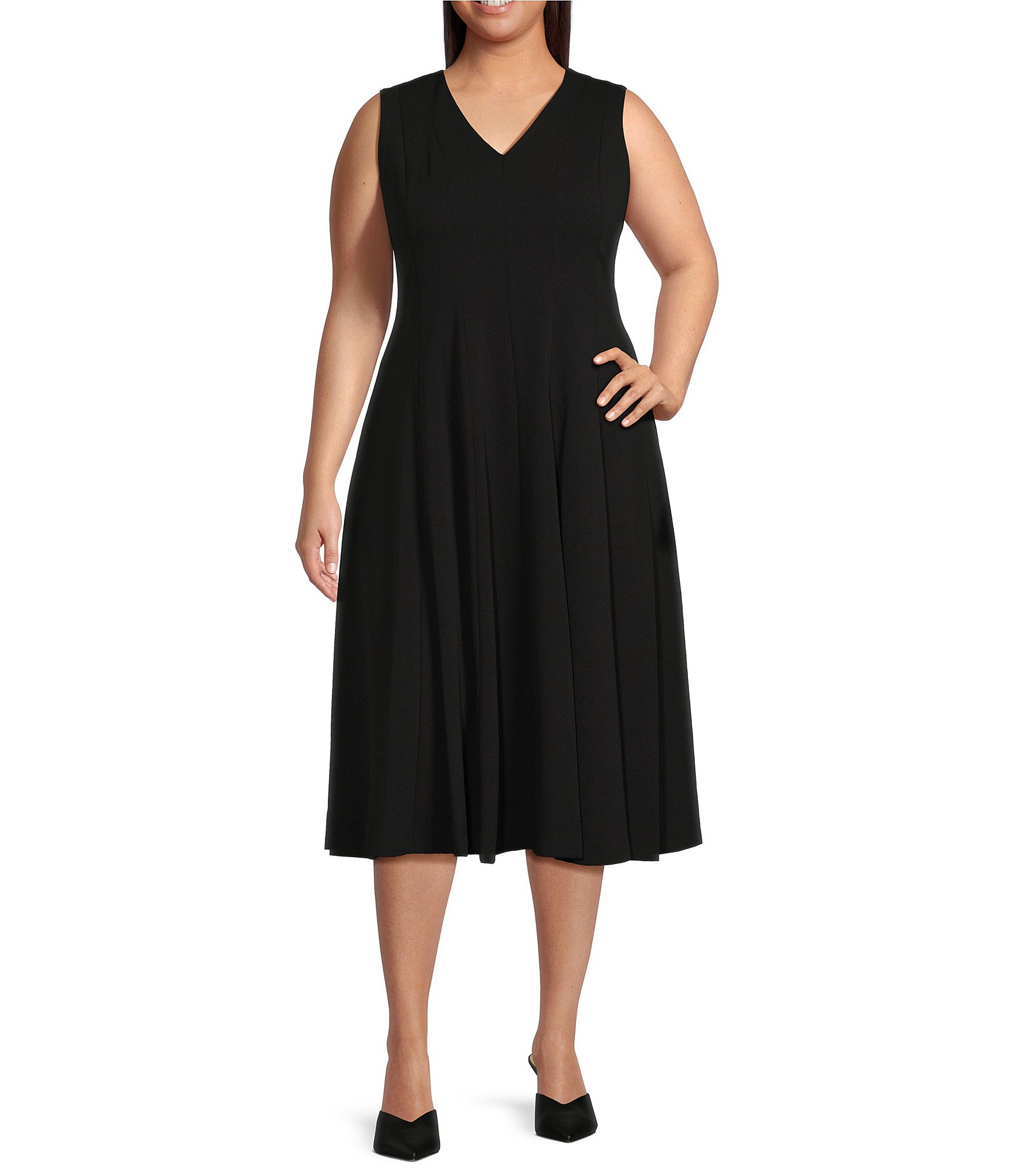 Calvin Klein Plus Size Dillard\'s Midi Flare and V-Neck Crepe Fit | Sleeveless Dress Scuba