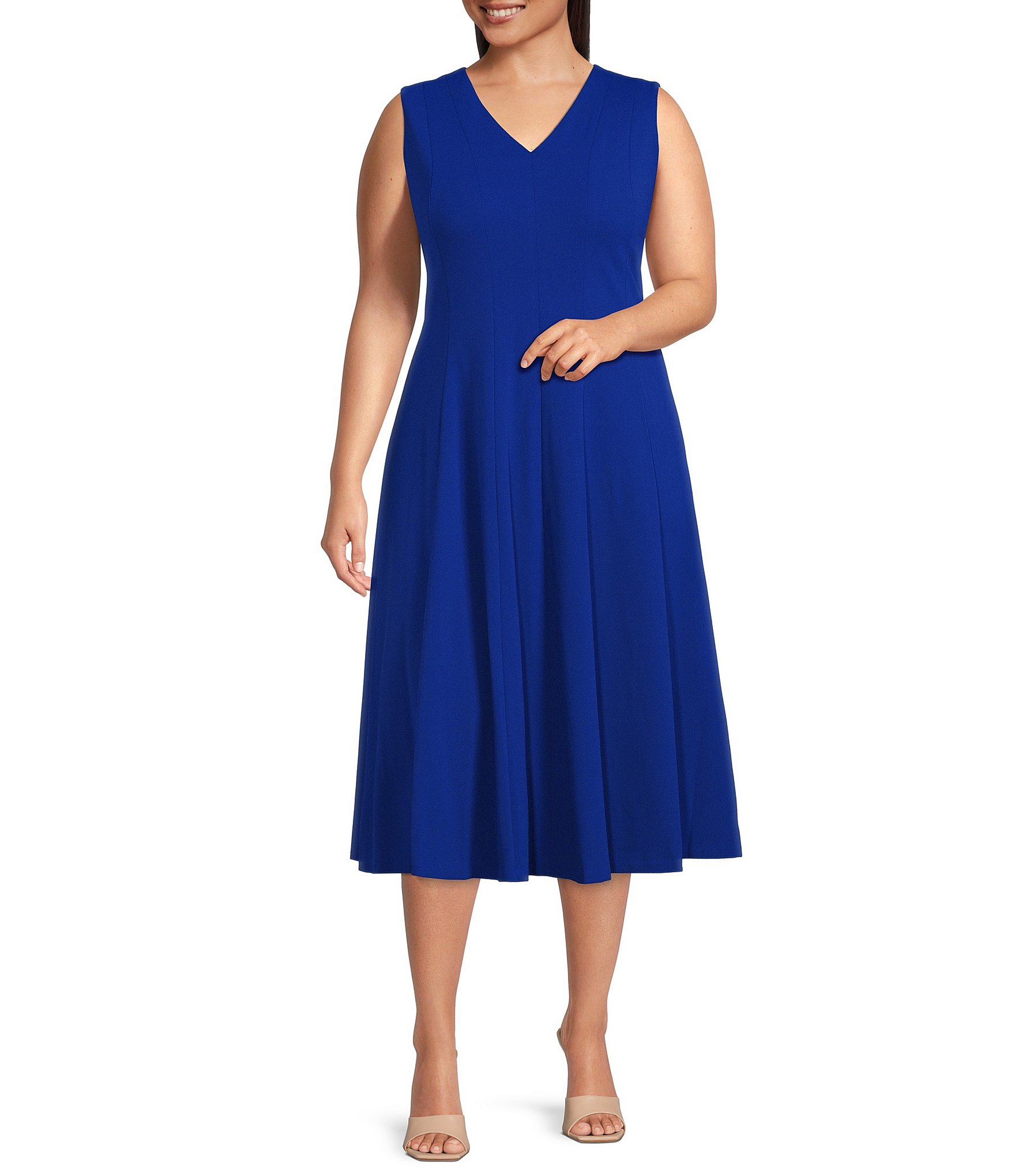 Calvin Klein Plus Size V Neck Sleeveless Scuba Crepe Fit And Flare Midi Dress Dillard S