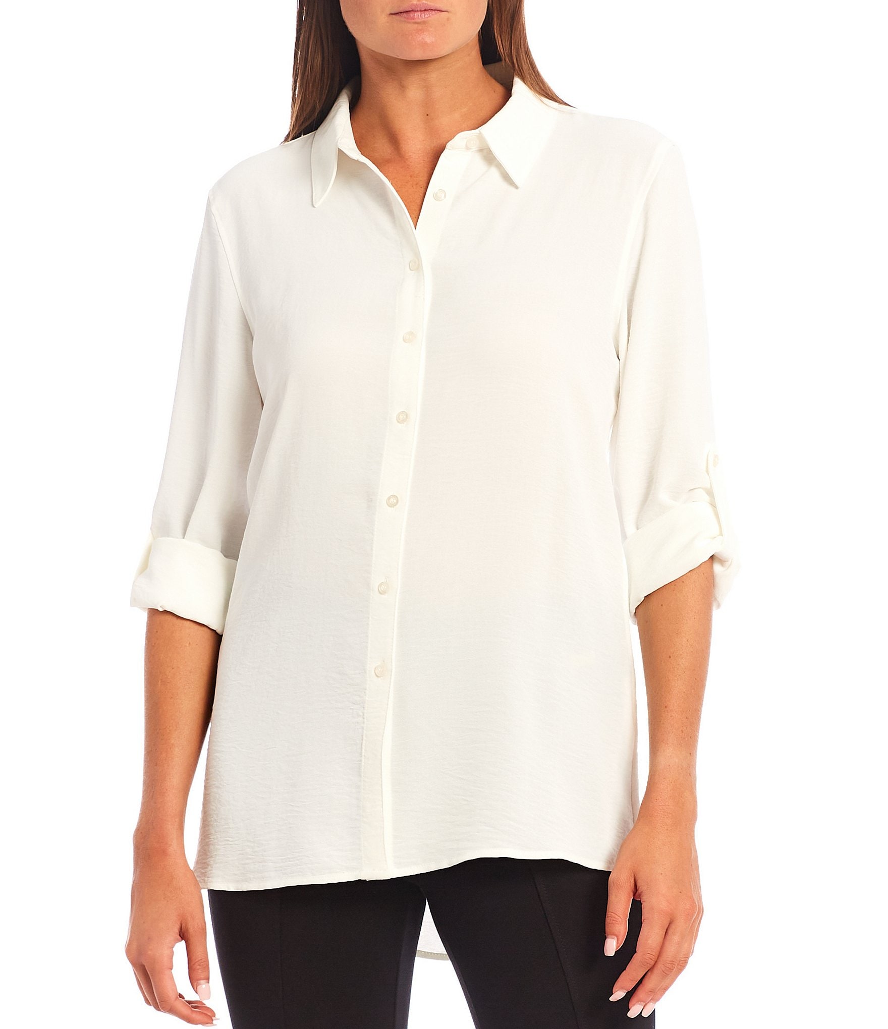 Calvin Klein Point Collar Long Roll-Tab Sleeve Button Front High-Low ...