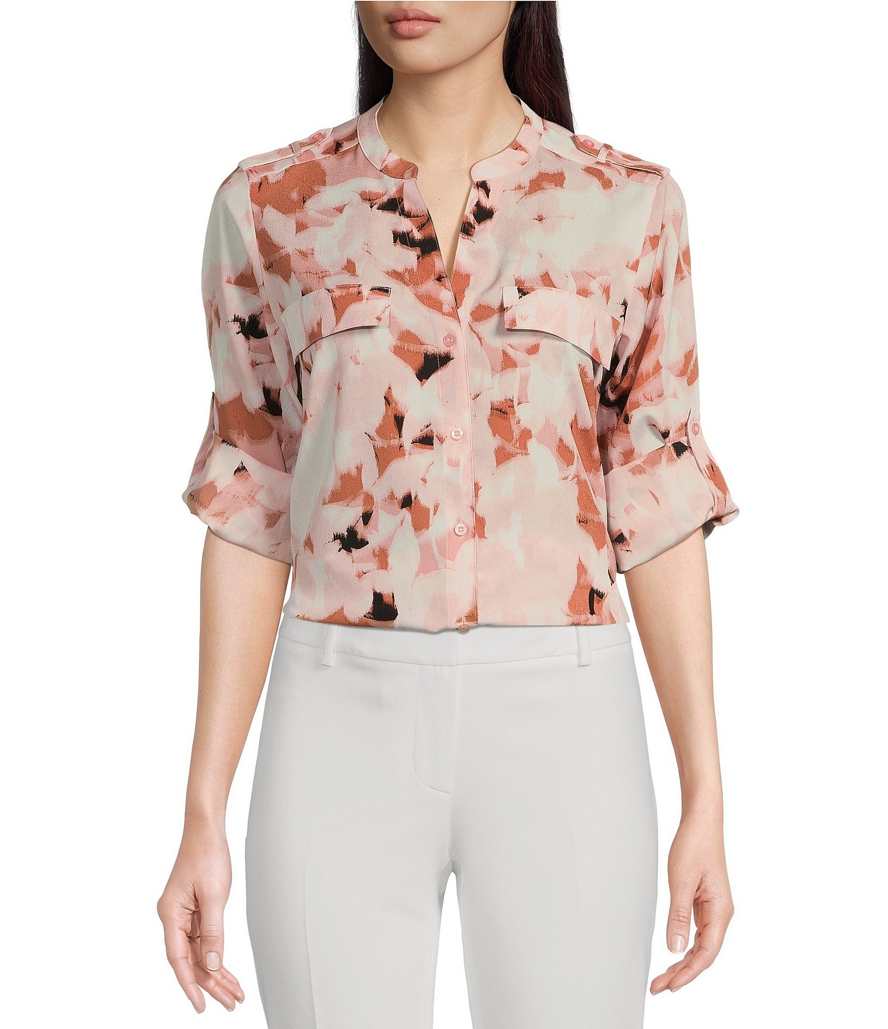 Calvin Klein Printed Banded Collar Split V-Neck Long Roll Tab Sleeve Chest  Pocket Button Front Blouse | Dillard's