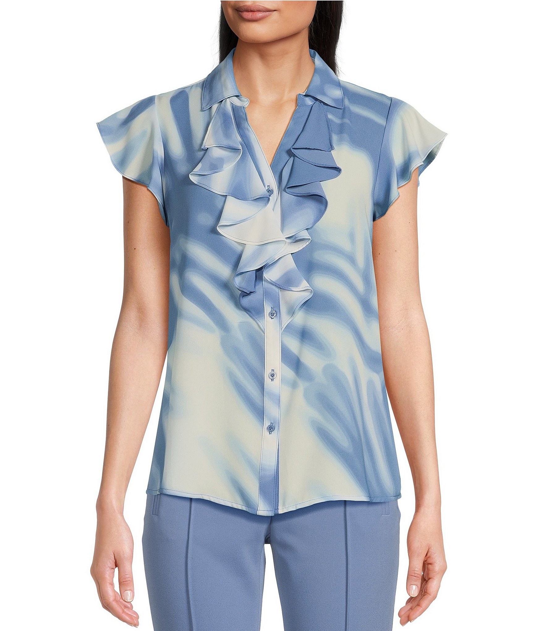 Calvin Klein Printed Collared Cascading Ruffle Front Flutter Cap Sleeve  Button Front Blouse | Dillard's