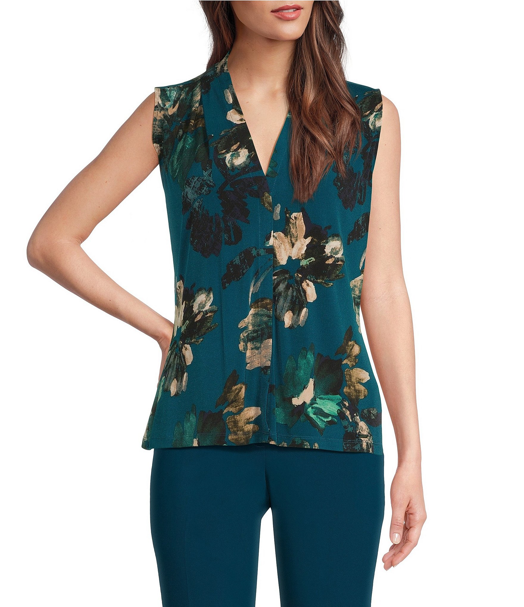 Calvin Klein Printed Knit Jersey Pleated V-Neck Sleeveless Blouse