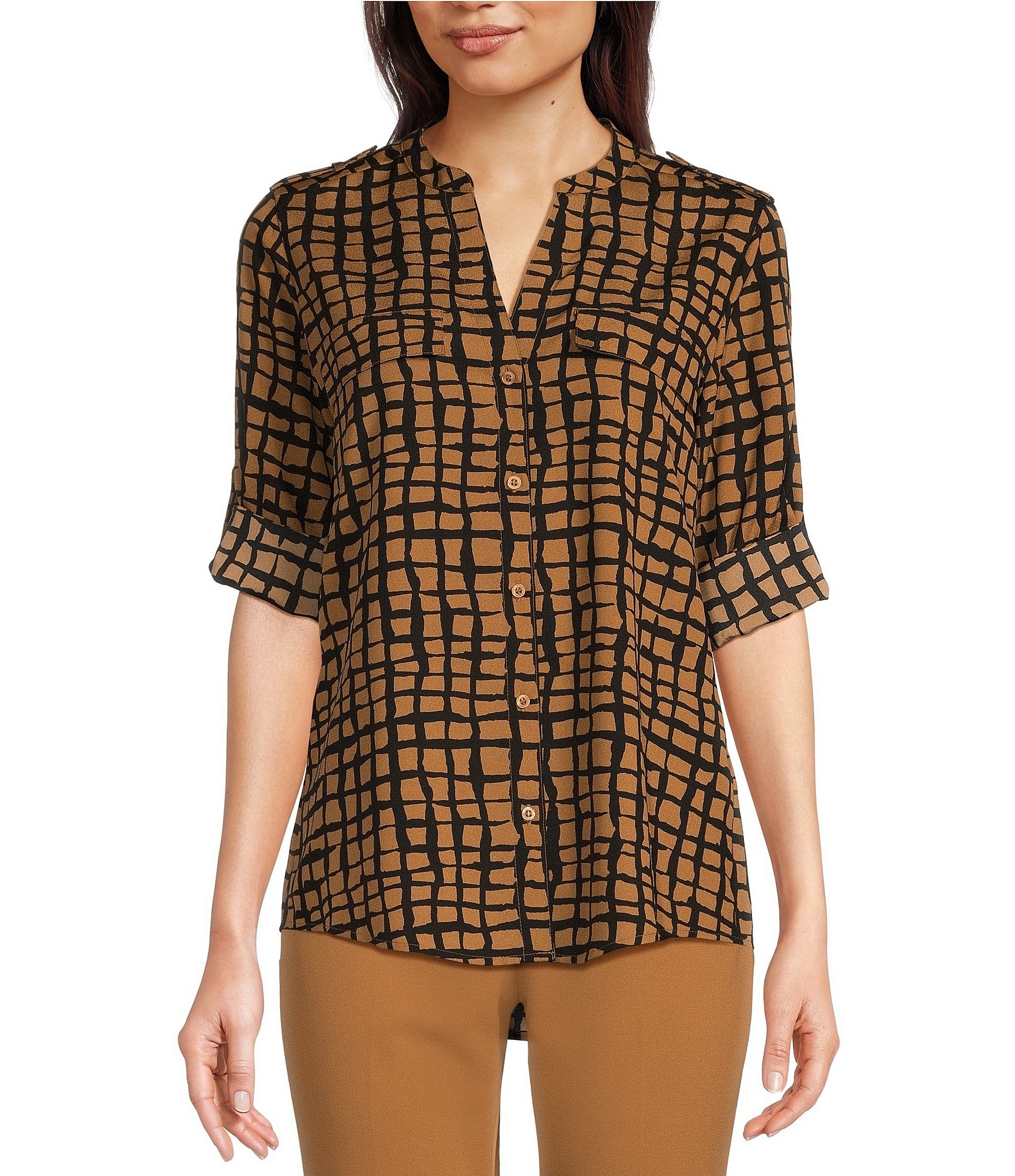 Calvin Klein Printed Roll-Tab Sleeve Button-Front Blouse