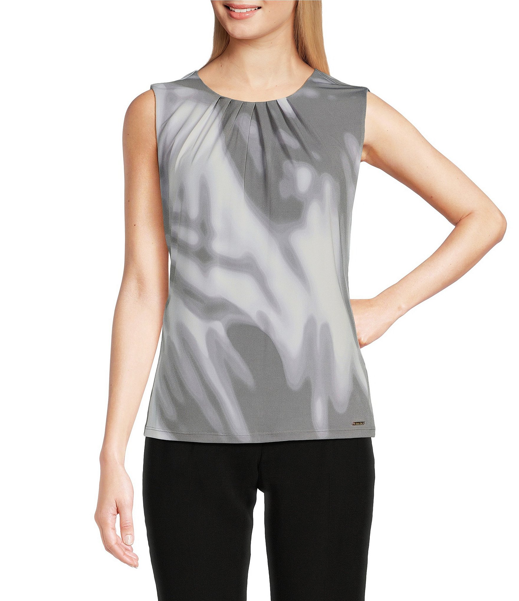 Calvin Klein Printed Sleeveless Pleat Neck Cami Top | Dillard's