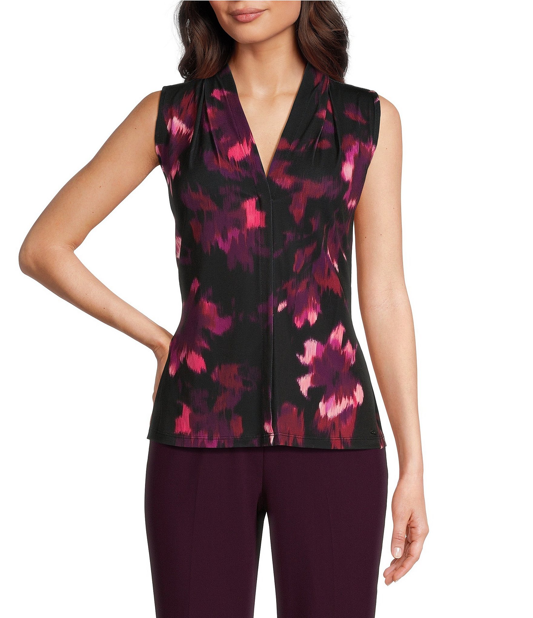 Calvin Klein Printed Sleeveless Pleat V-Neck Cami Top | Dillard's