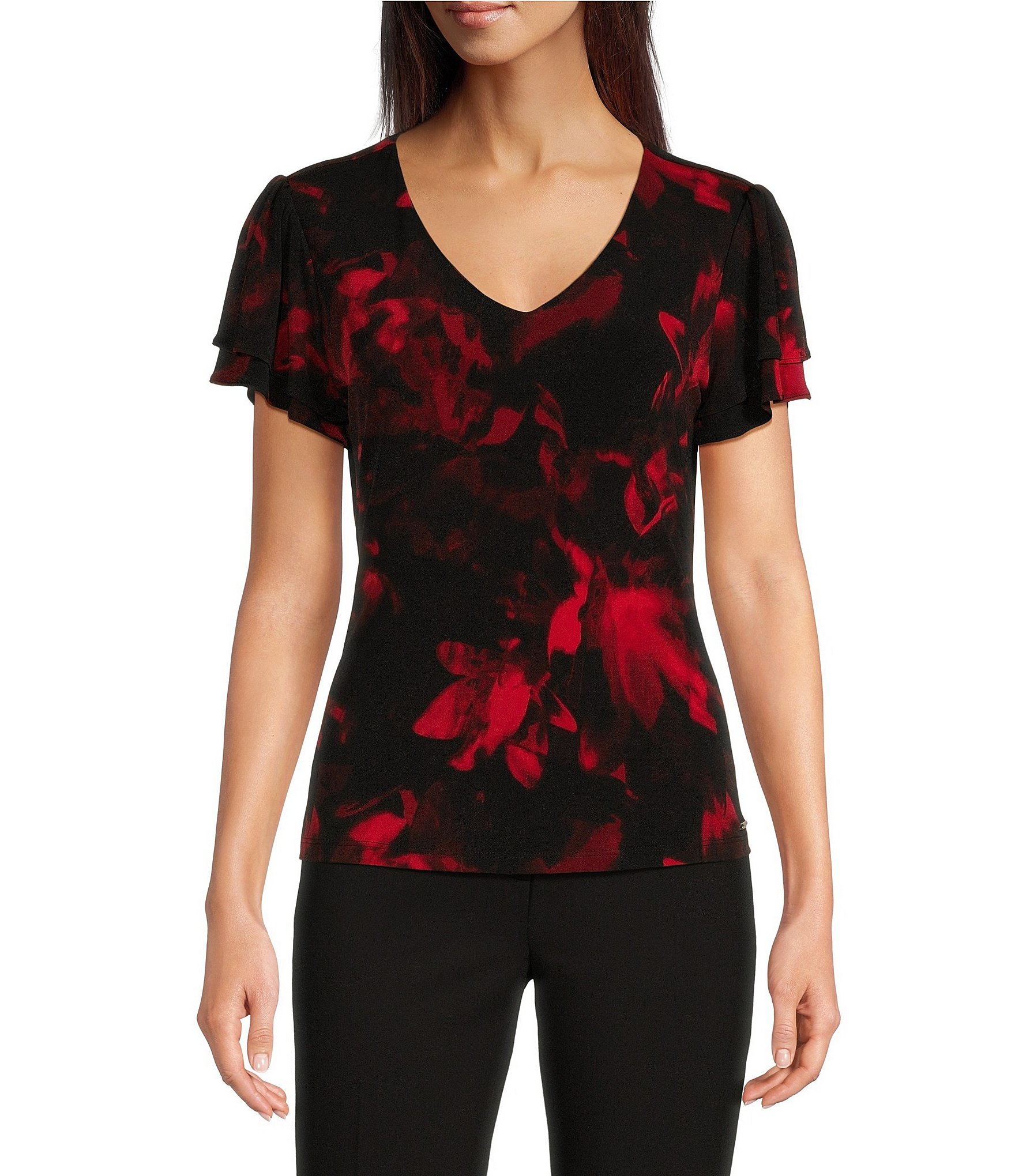 Calvin Klein Printed V-Neck Short Flutter Sleeve Top | Dillard's