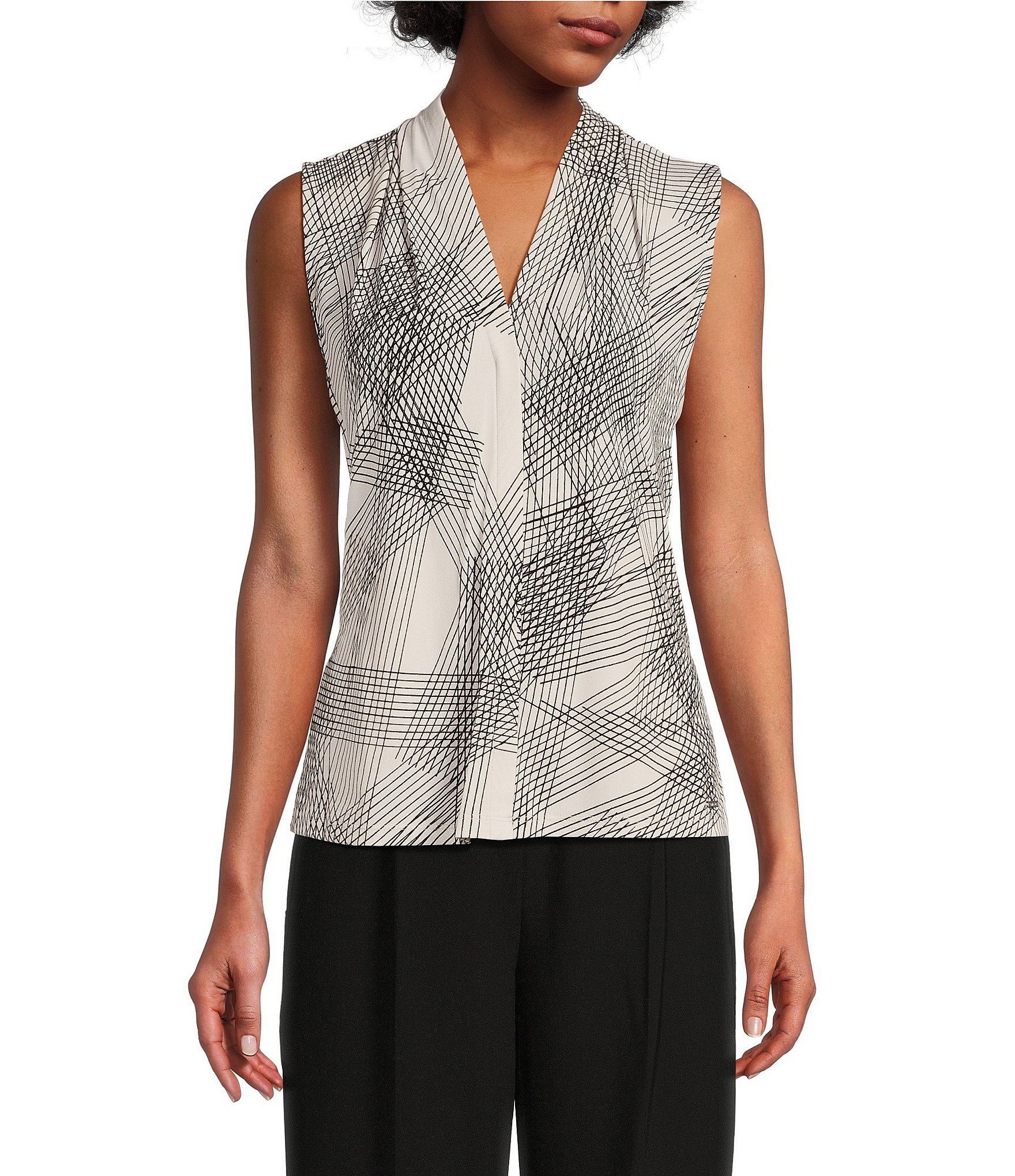 Calvin Klein Abstract Line Print V-Neck Sleeveless Matte Jersey Knit ...