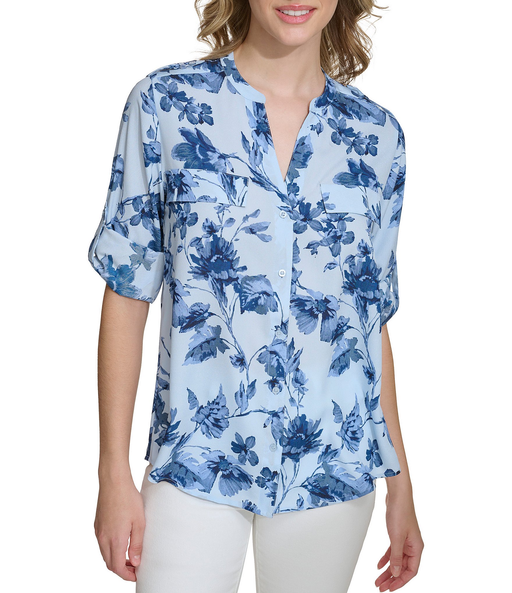 Calvin Klein Printed V Neckline Long Sleeve Roll Tab Top | Dillard's