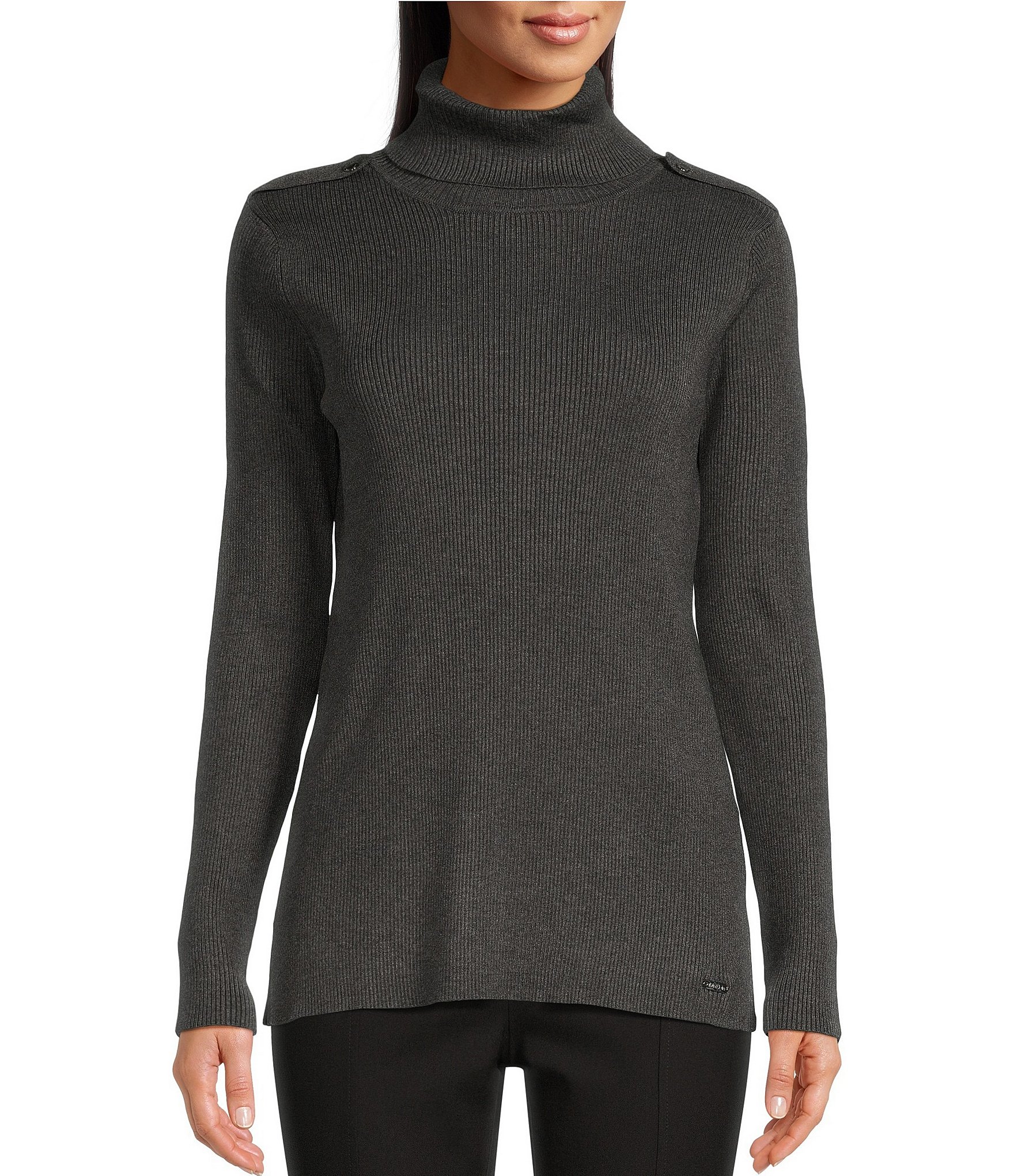 Calvin Klein Ribbed Turtleneck Shoulder Button Detail Sweater | Dillard's
