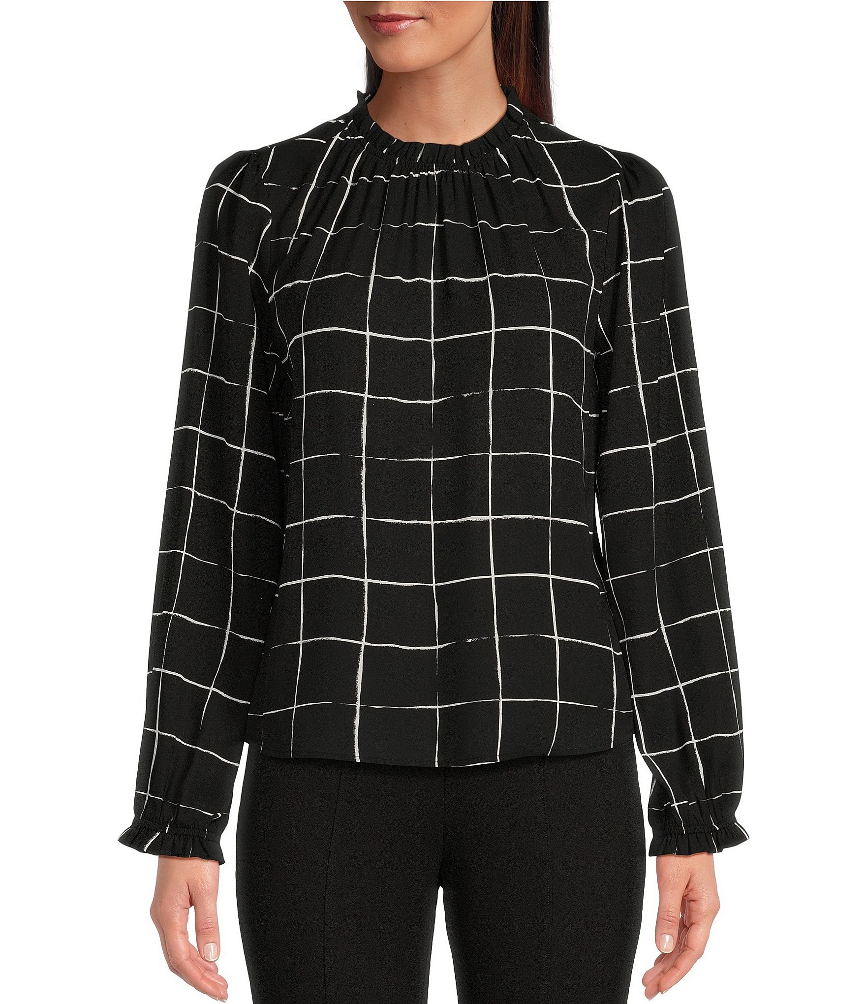 Calvin Klein Solid Crepe de Chine Split V-Neck Long Sleeve Blouse