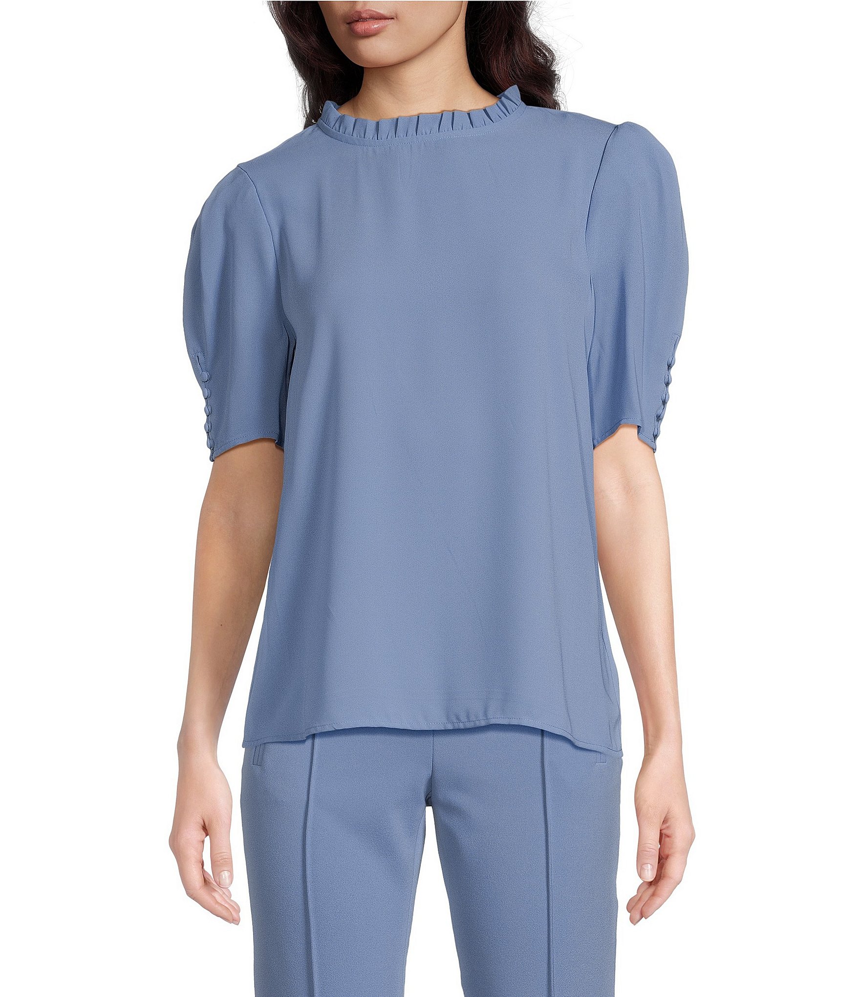 Calvin Klein Ruffle Mock Neckline Short Sleeve Blouse | Dillard's