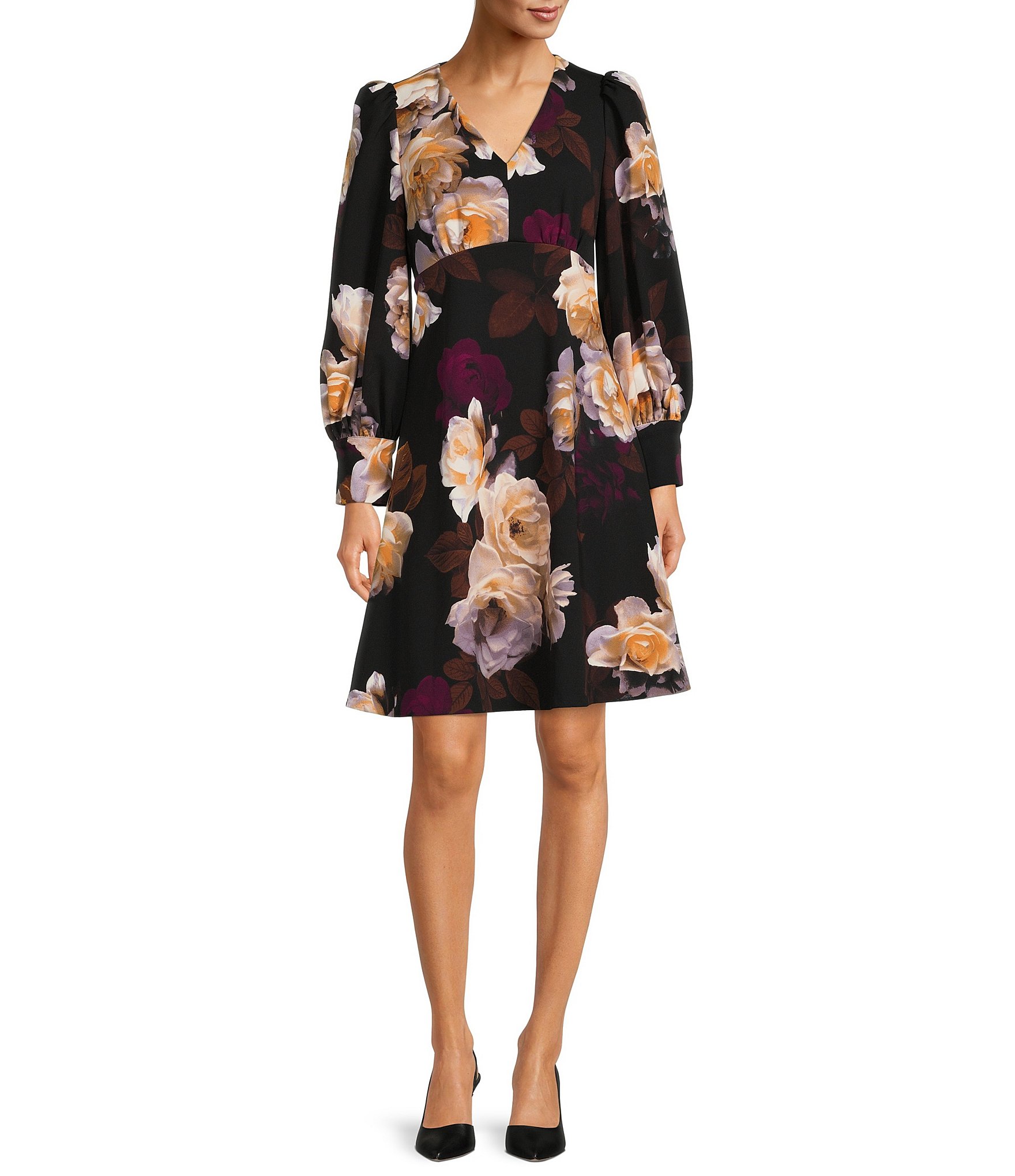 Calvin Klein Scuba Crepe Floral Print V-Neck Long Sleeve Oversized ...