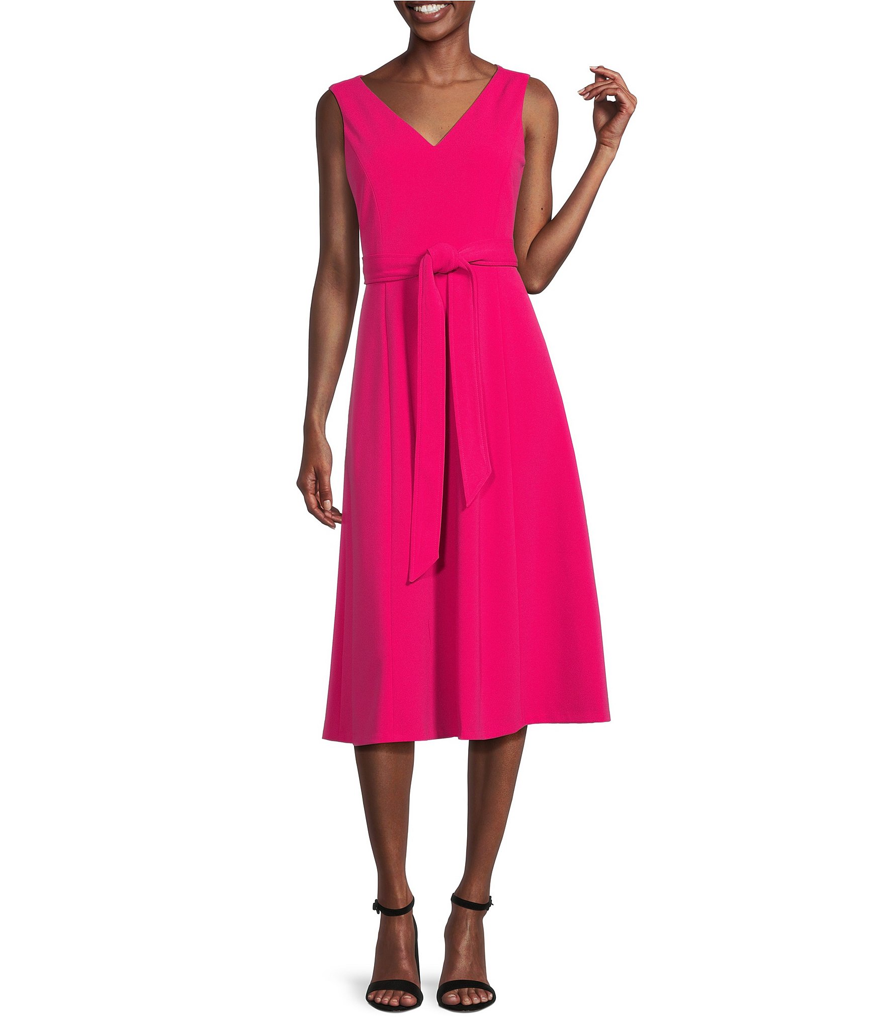 Calvin Klein Scuba Crepe Sleeveless V-Neck Tie Waist A-Line Midi Dress |  Dillard's