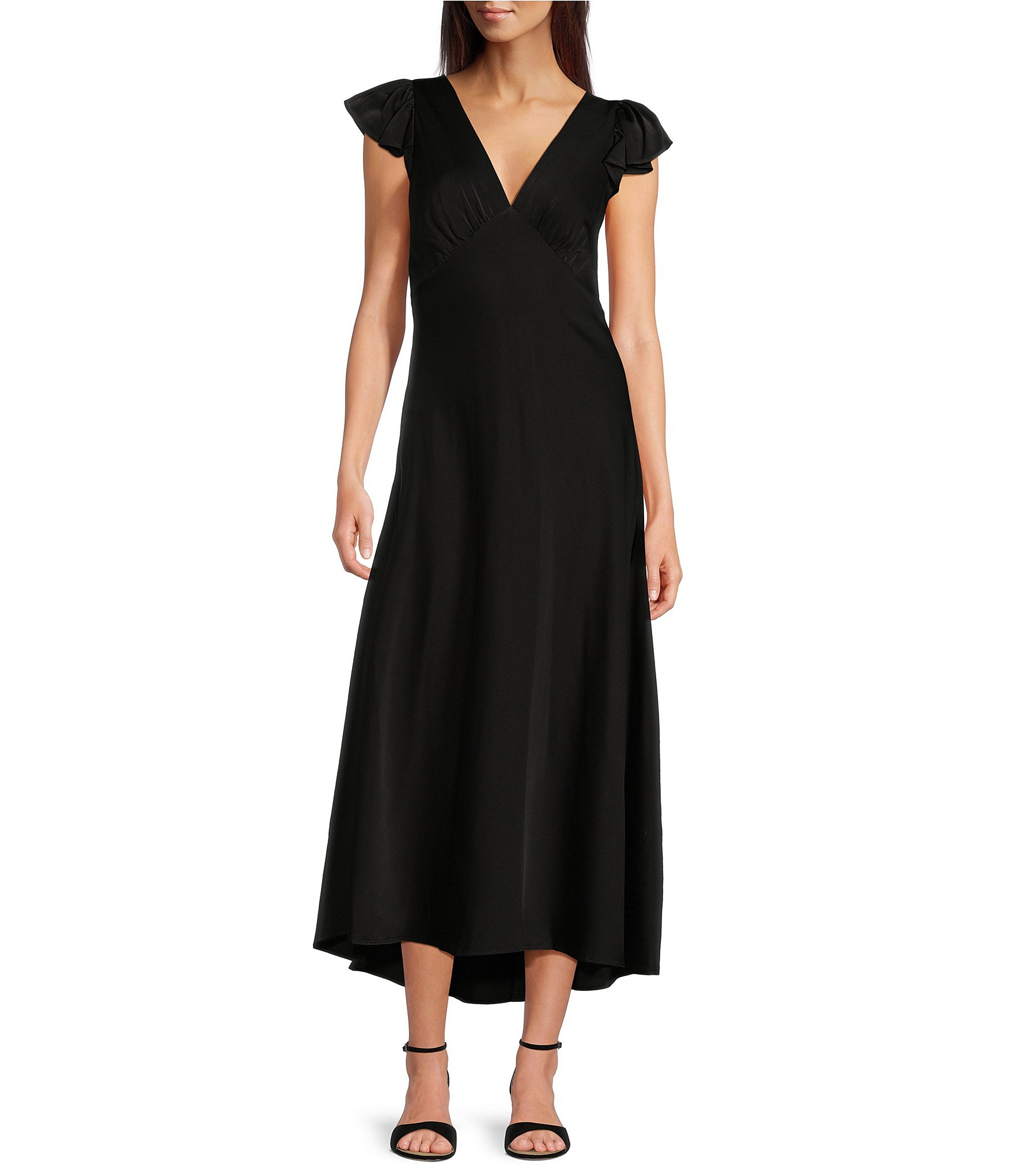 Calvin Klein Short Flutter Sleeve V-Neck Satin Maxi Dress | Dillard's