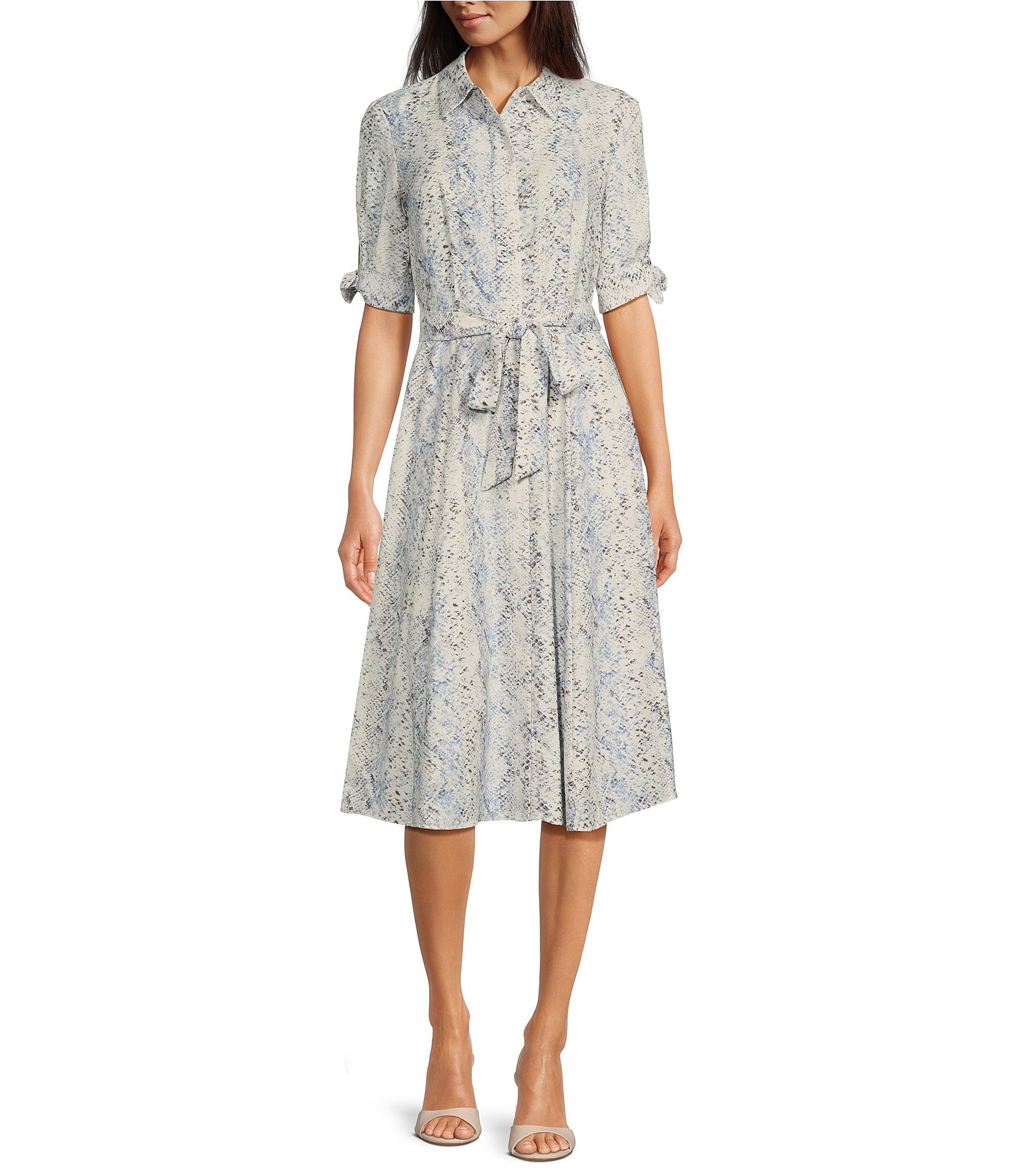 Calvin Klein Short Sleeve Collar Neck Tie Waist Printed Crepe Dress ...