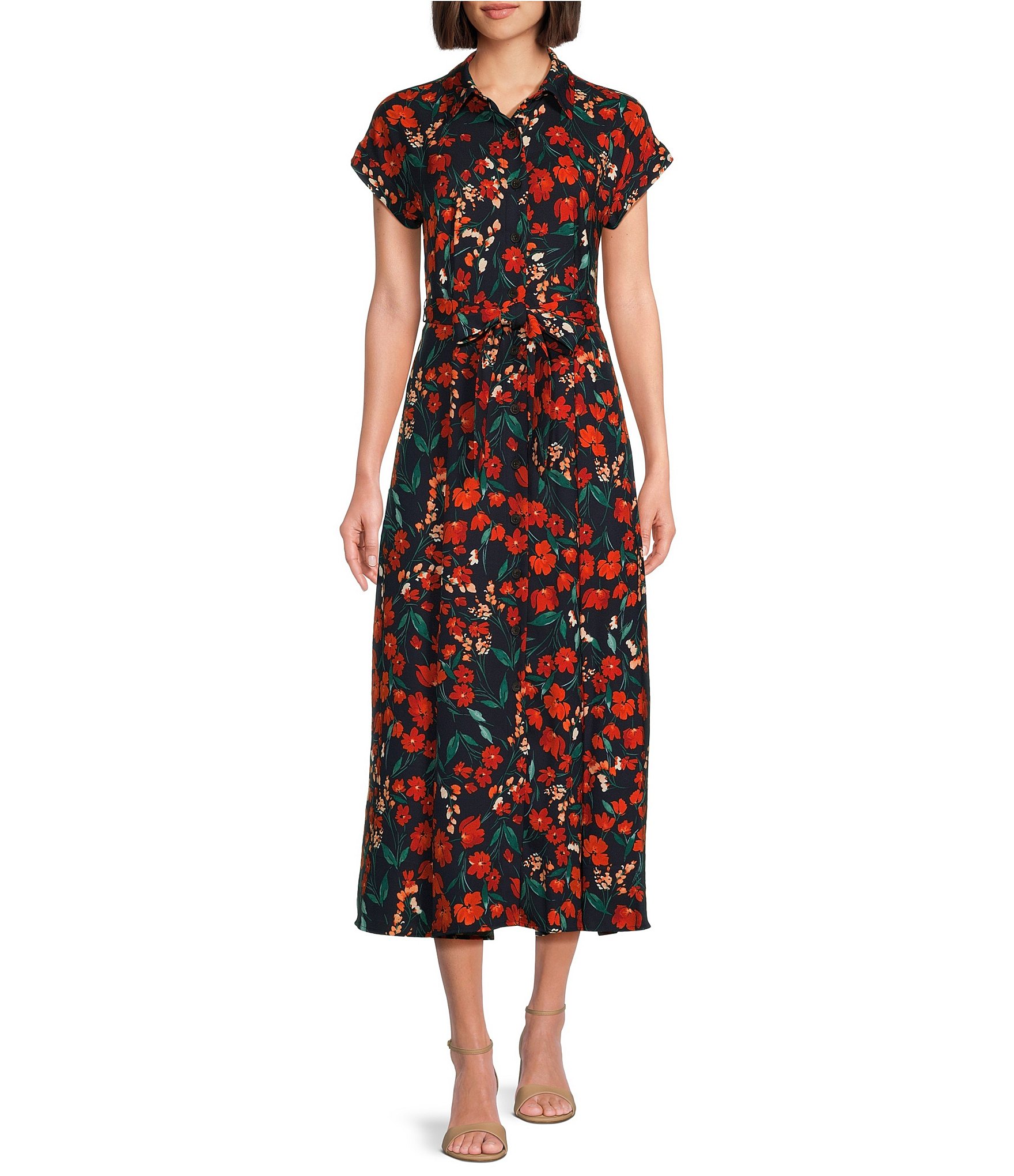 Calvin klein floral embroidered trumpet midi dress hotsell