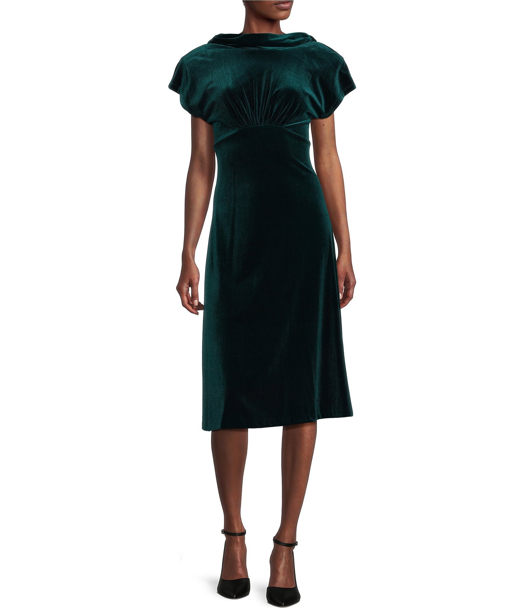 Calvin Klein Short Sleeve Crew Neck Cowl Back Velvet Empire Waist Dress |  Dillard's