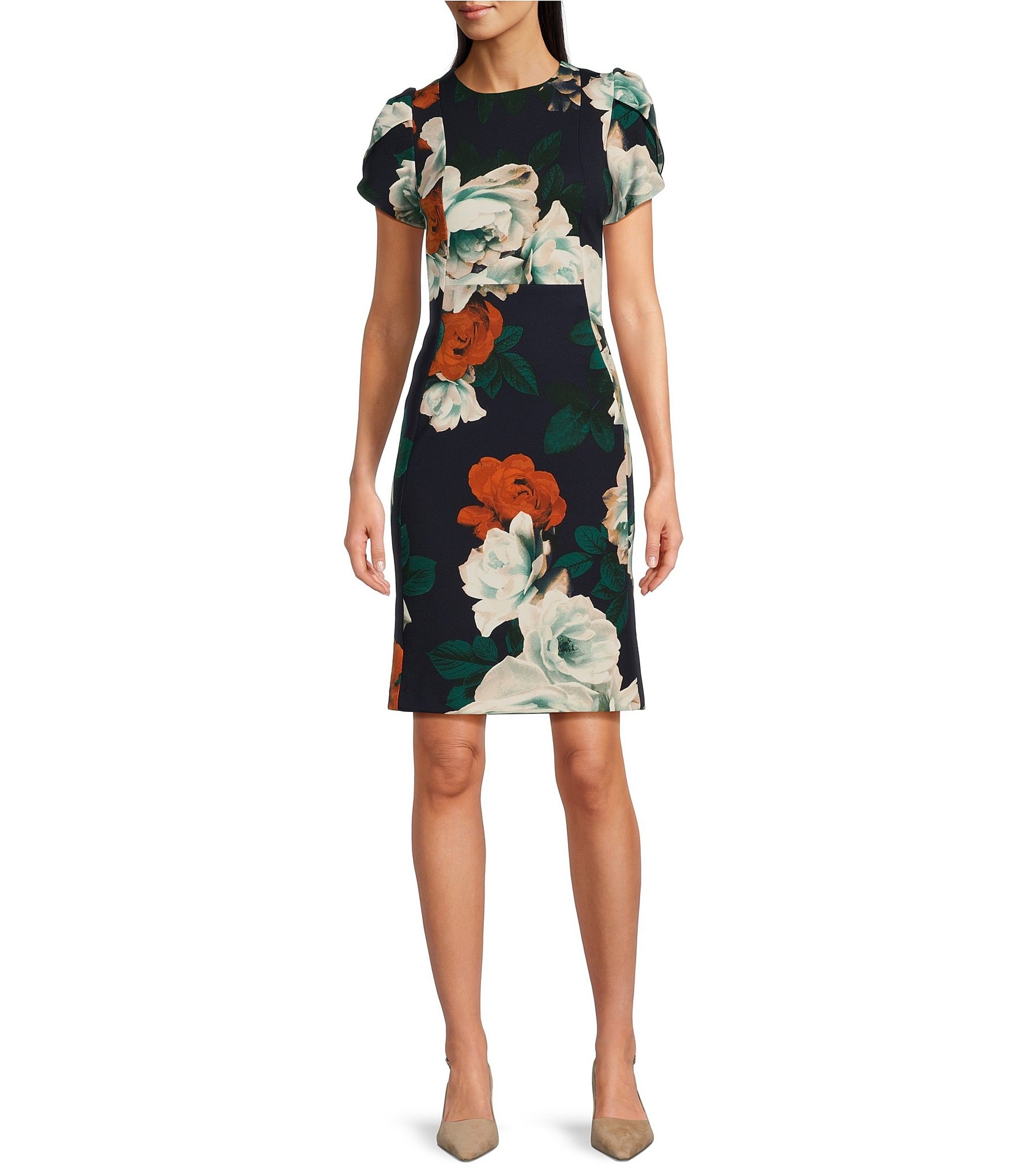 Calvin Klein Short Sleeve Crew Neck Floral Dress Dillard s