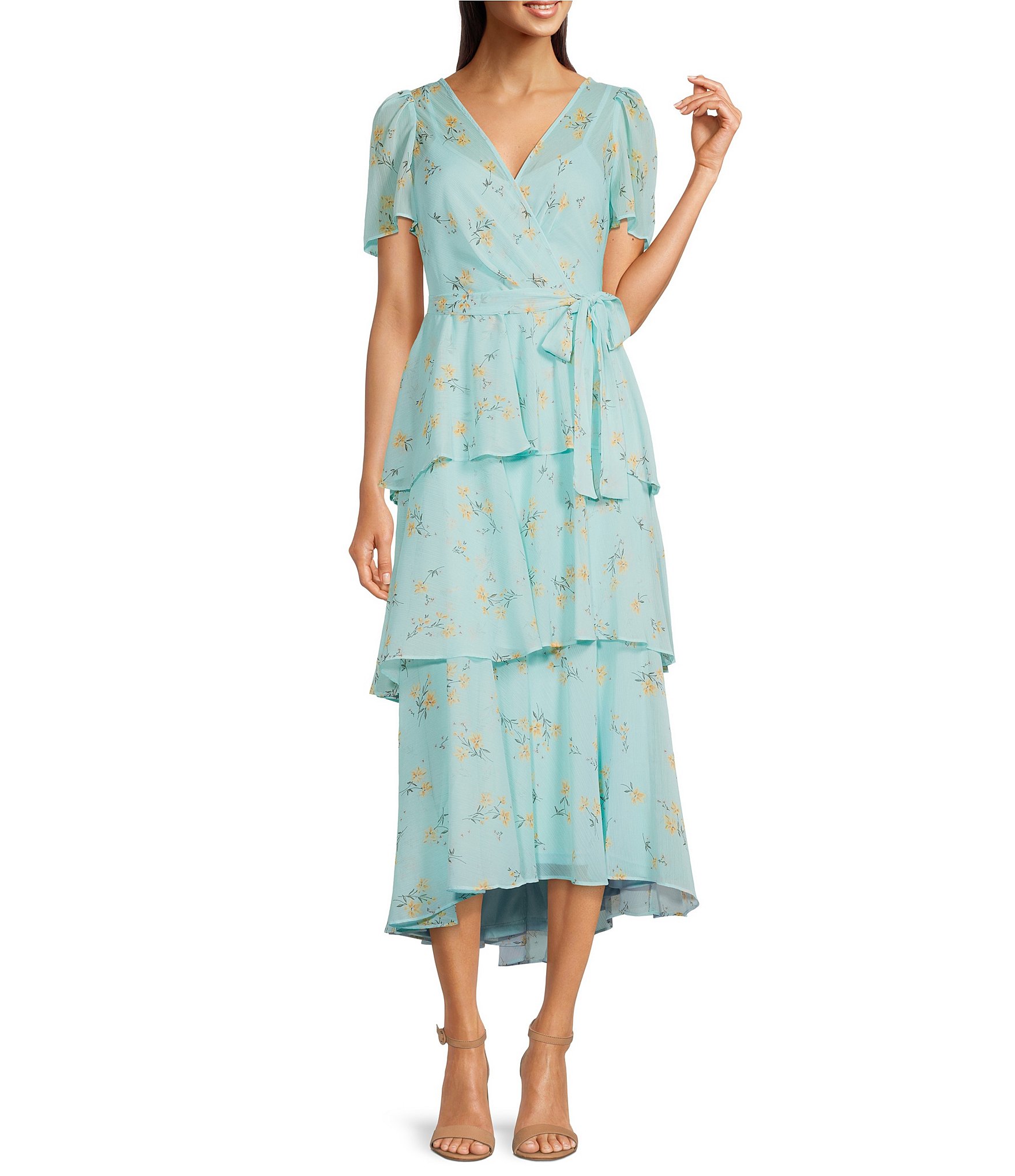 Calvin Klein Short Sleeve Surplice V-Neck Floral Print Tiered Chiffon Midi  Dress | Dillard's