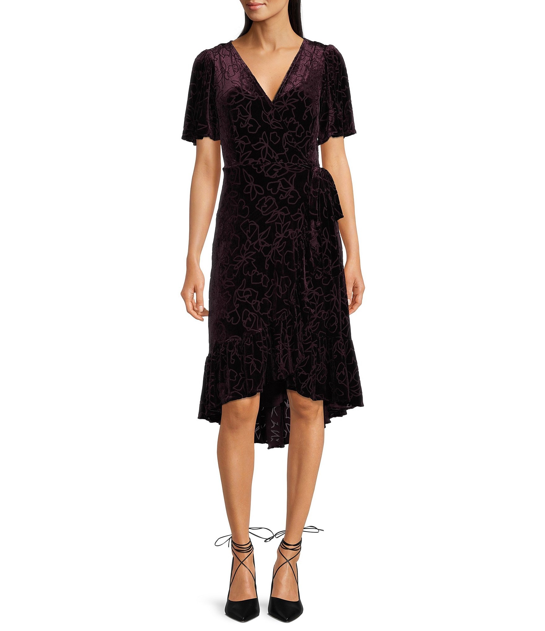 Calvin Klein Short Sleeve V-Neck Ruffled Hem Faux Wrap Velvet Dress |  Dillard's