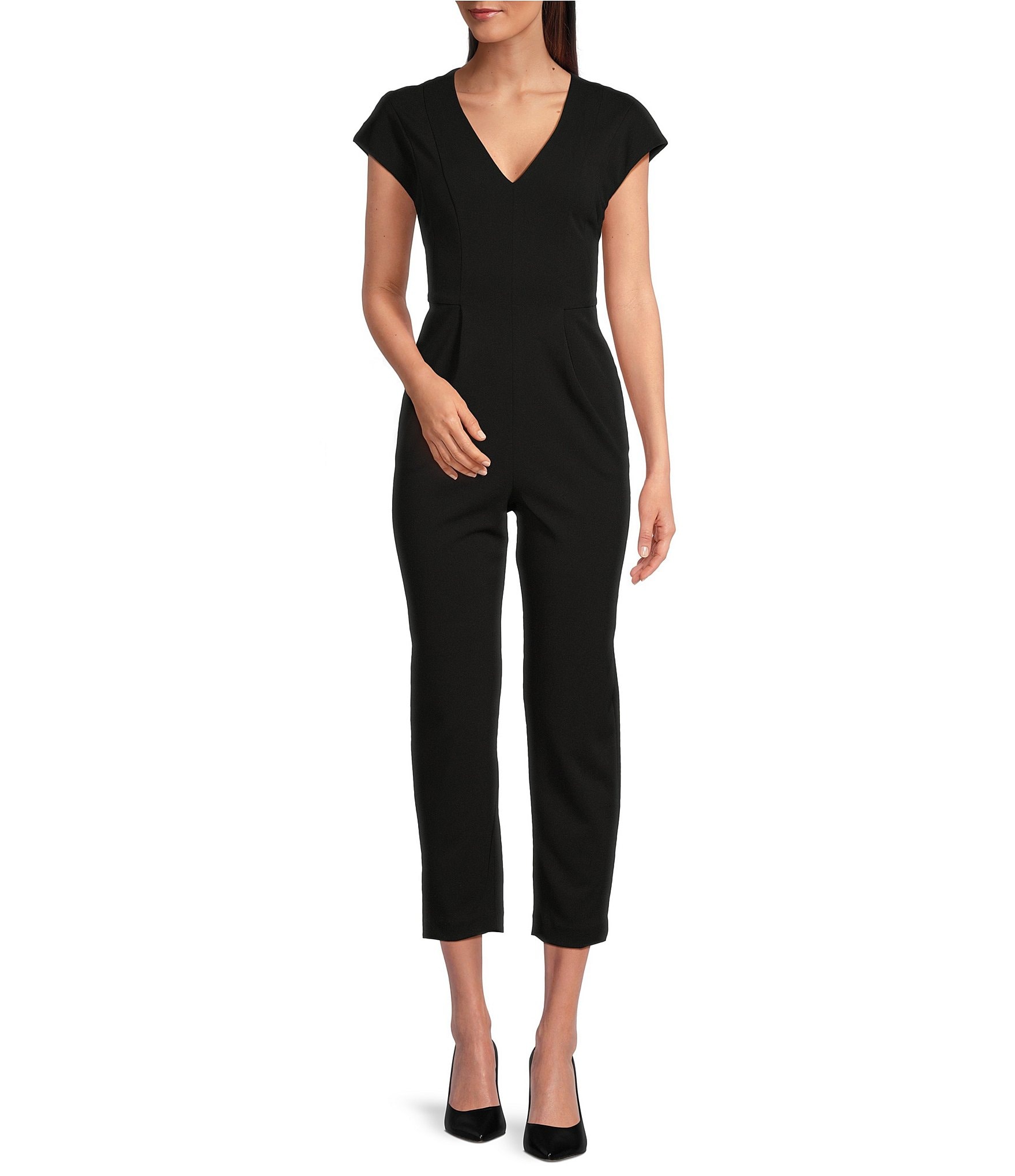 Calvin Klein Short Sleeve V-Neck Scuba Crepe Jumpsuit | Dillard's