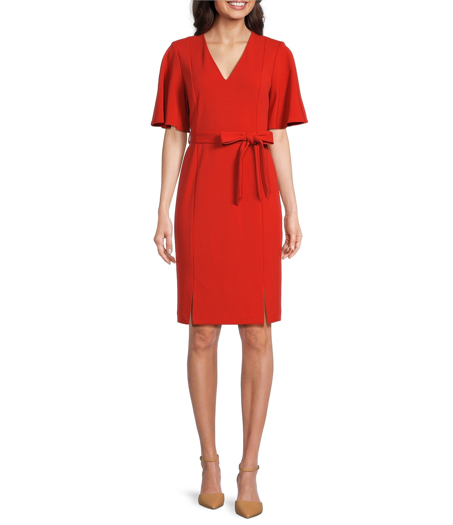 Calvin Klein Short Sleeve V-Neck Tie Waist Dress