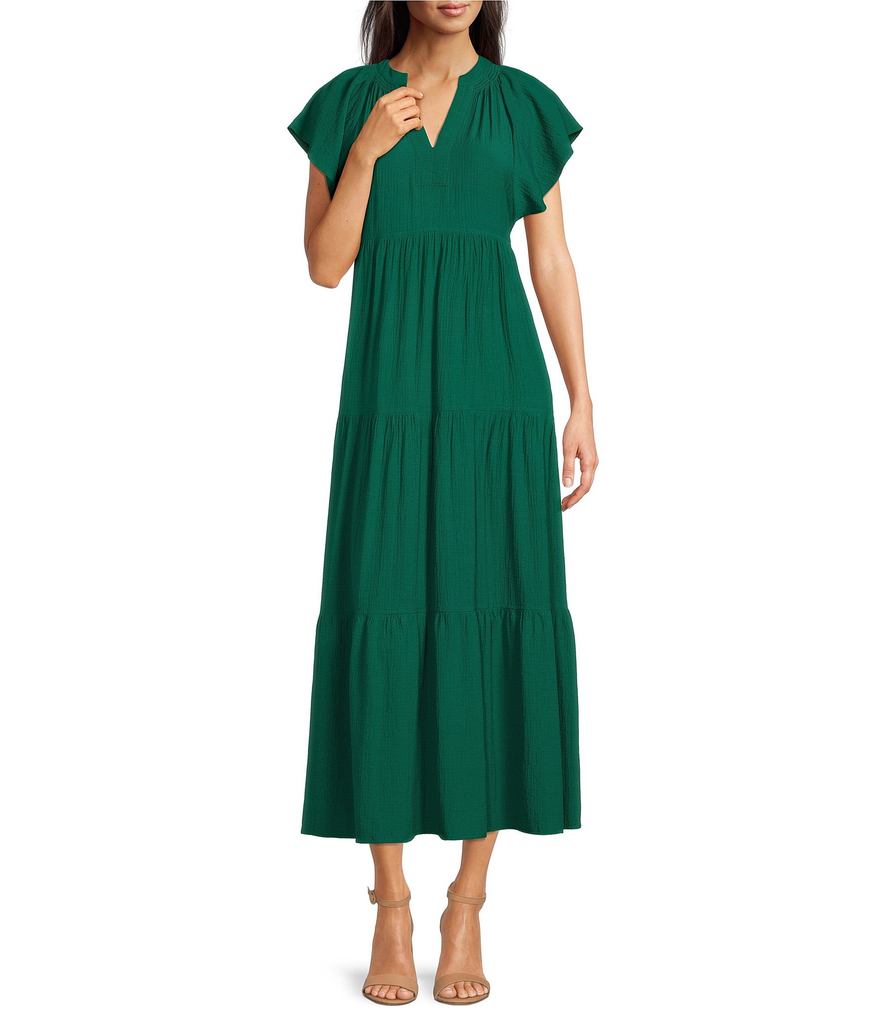 Calvin Klein Short Sleeve V-Neck Tiered Skirt A-Line Dress | Dillard's