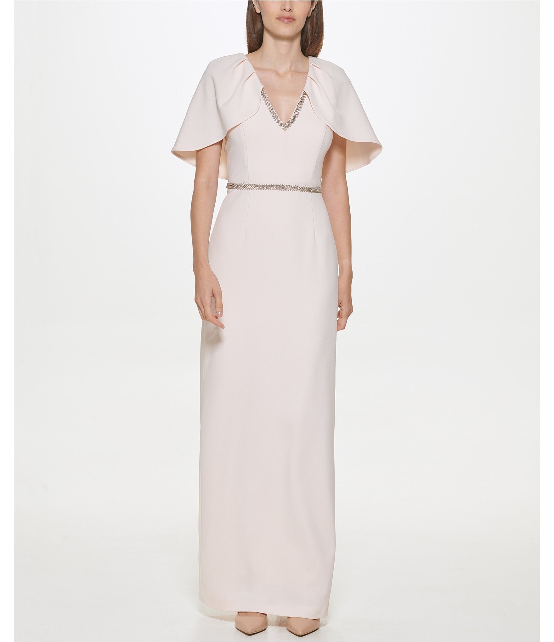 Calvin Tulip Dillard\'s Dress Long Klein Sleeve Jersey Short | Embellished V-Neck