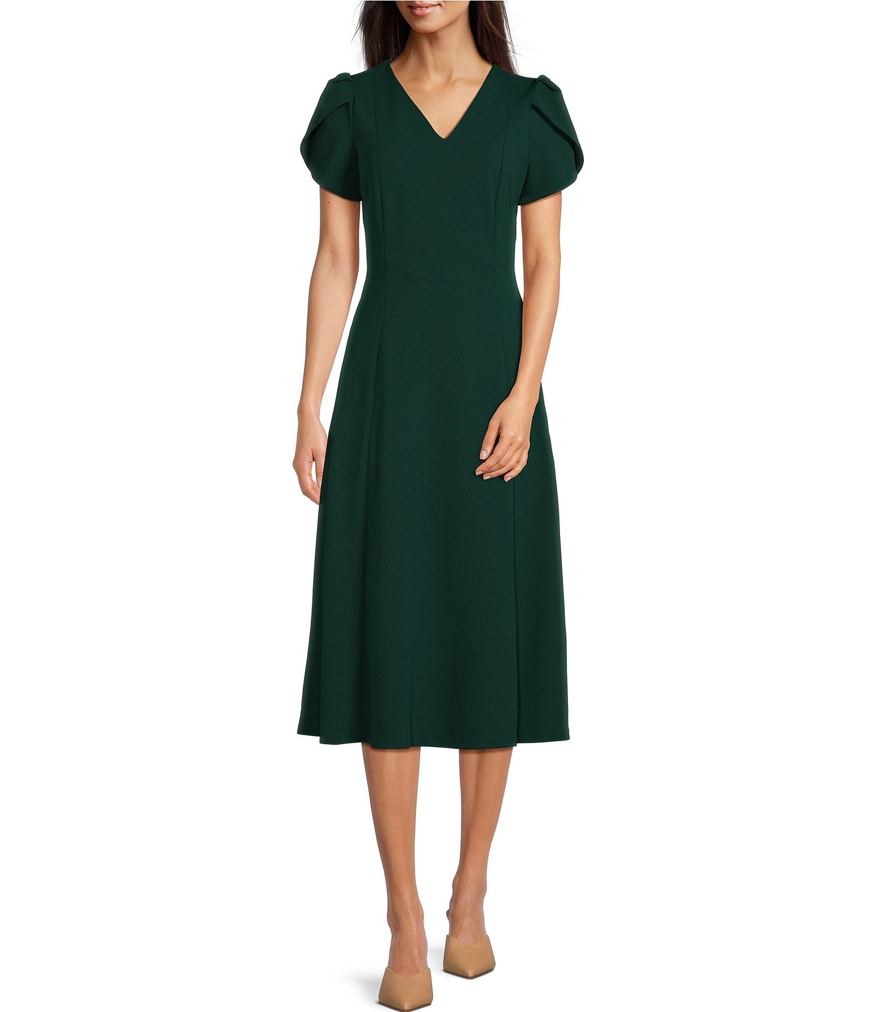 Jessica Howard Jersey Taffeta 3/4 Sleeve Portrait Collar Ruched A-Line Midi  Dress | Dillard's