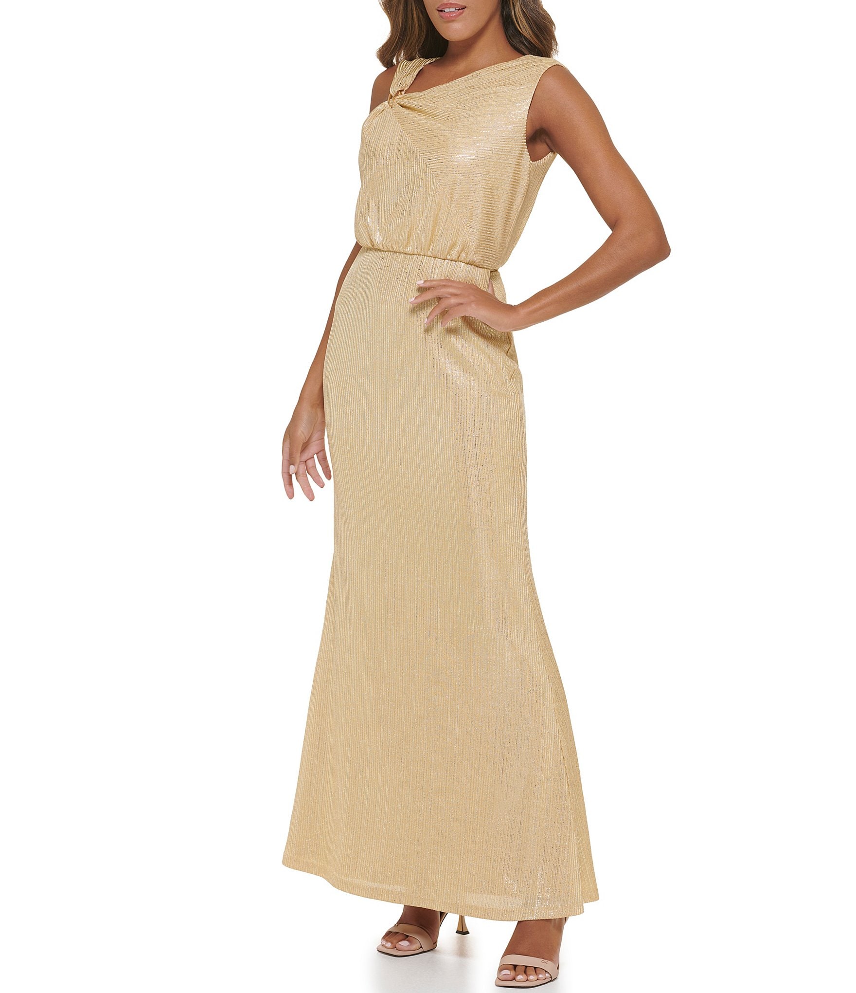 Calvin Klein Sleeveless Asymmetrical Neck Long Glitter Knit Dress |  Dillard\'s