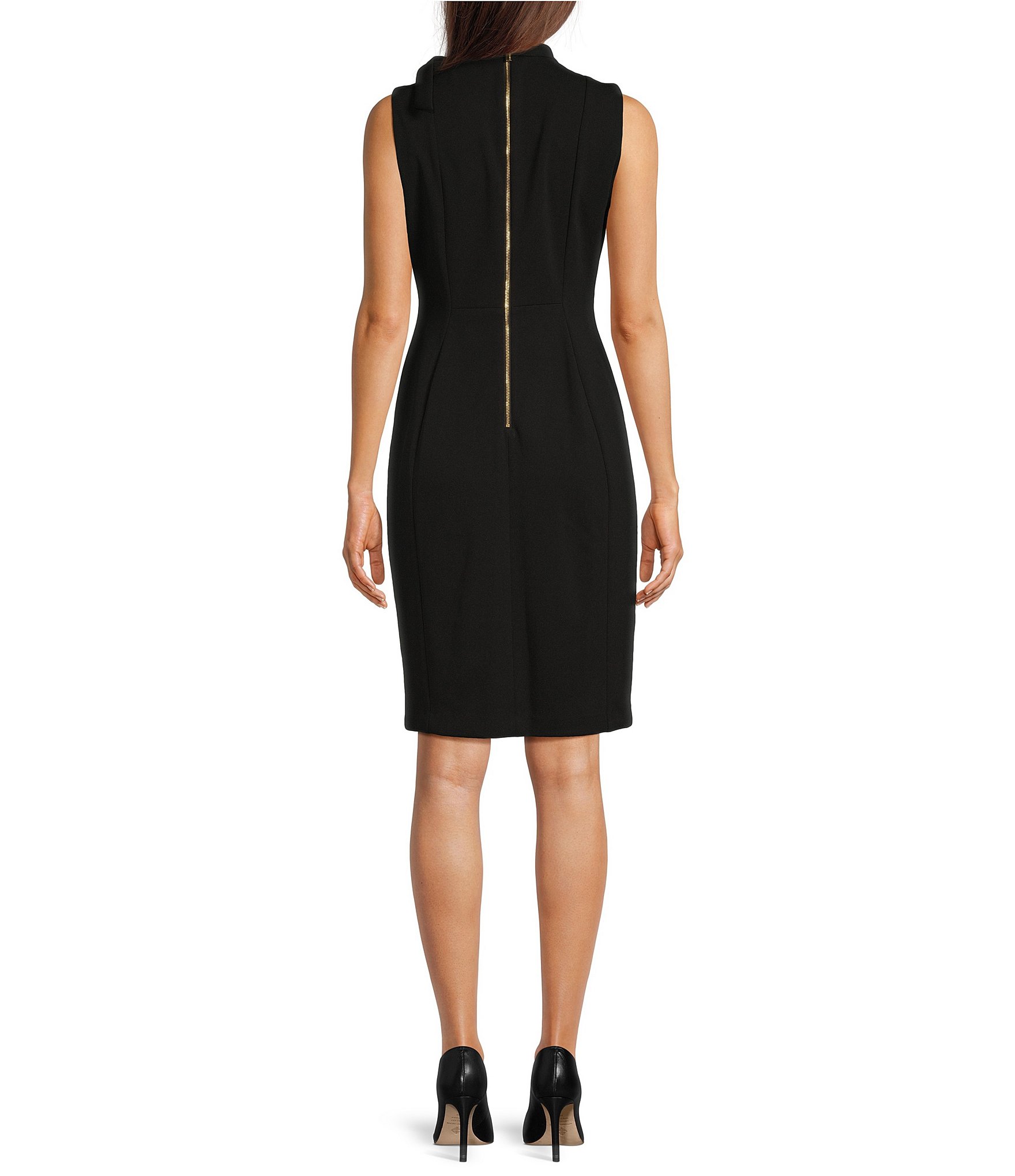 Calvin Klein Sleeveless Bow Mock Neck Crepe Sheath Dress