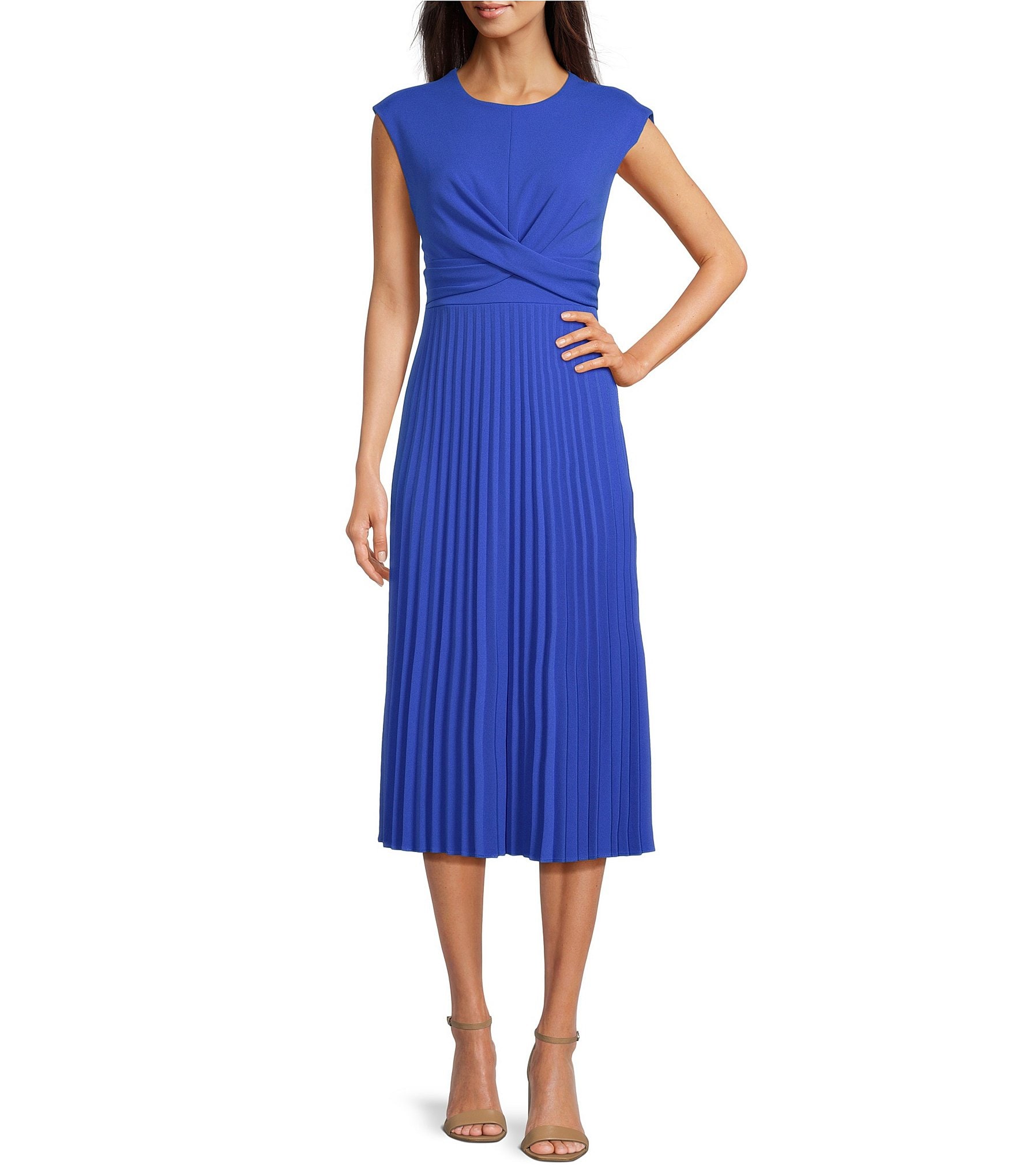 Calvin Klein Sleeveless Crew Neck Twist Waist Pleated Midi Dress ...