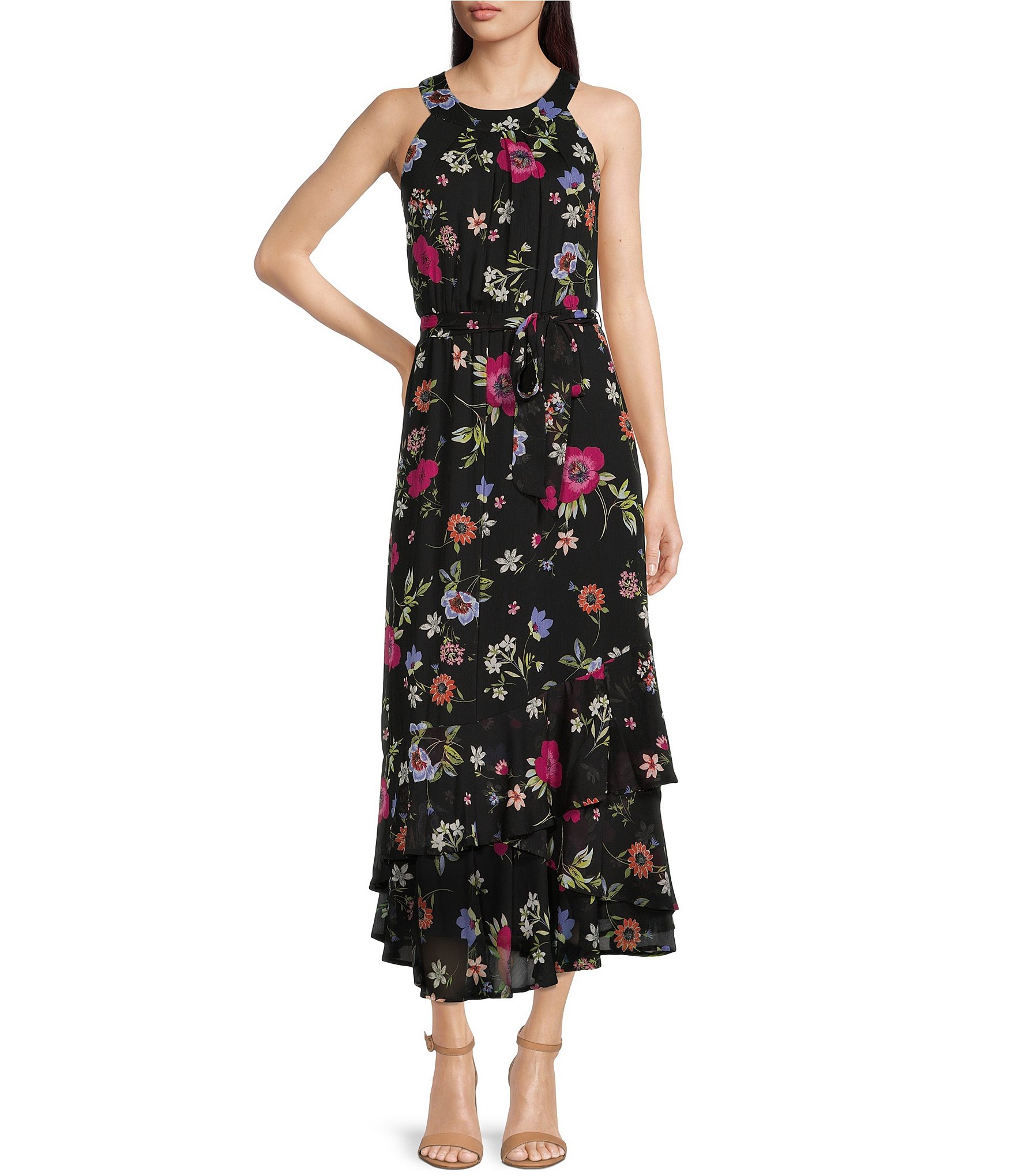 Calvin Klein Sleeveless Halter Neck Floral Chiffon Maxi Dress | Dillard's